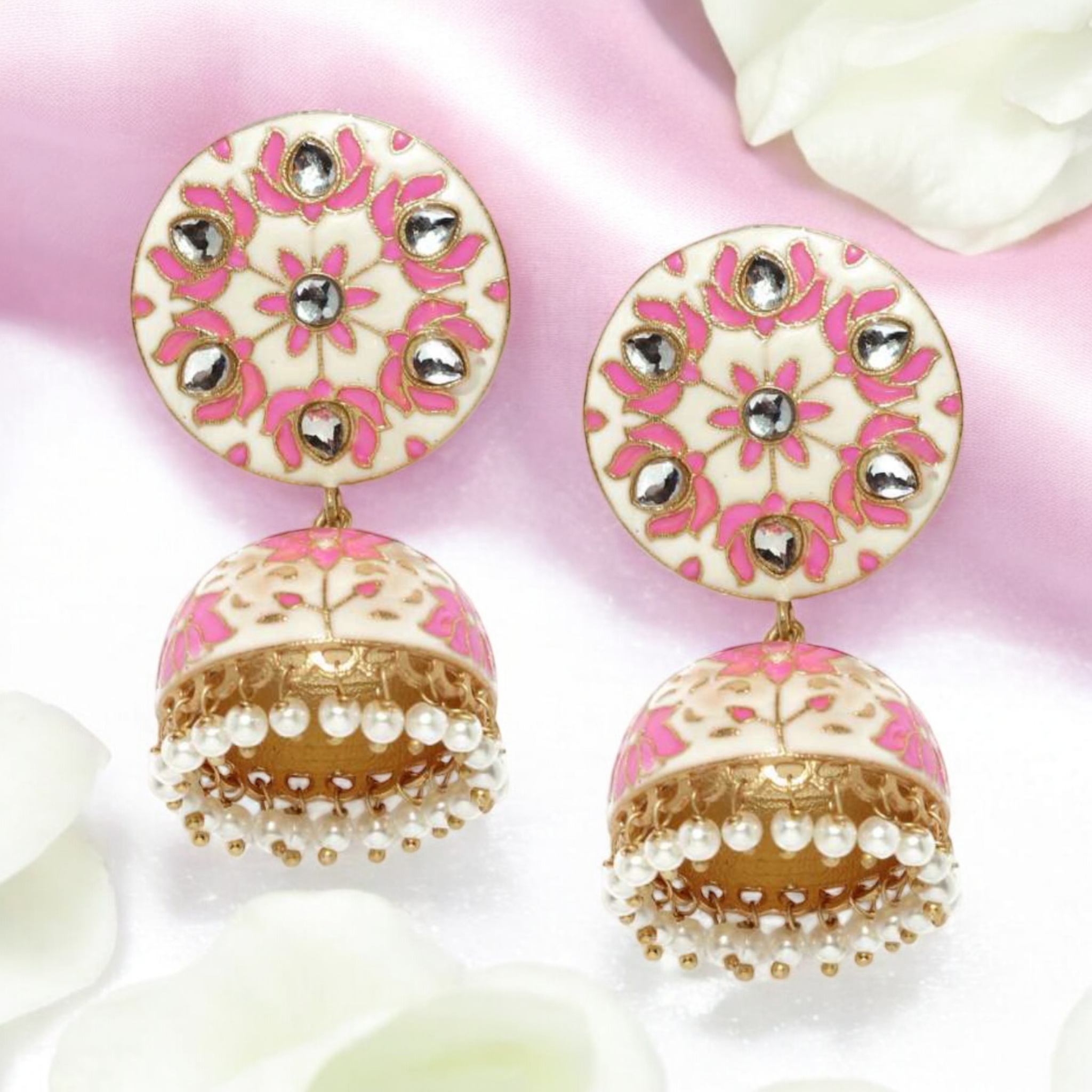 Lavish Giftz 18k Gold Off-White and Pink Enamel Jhumka Earrings