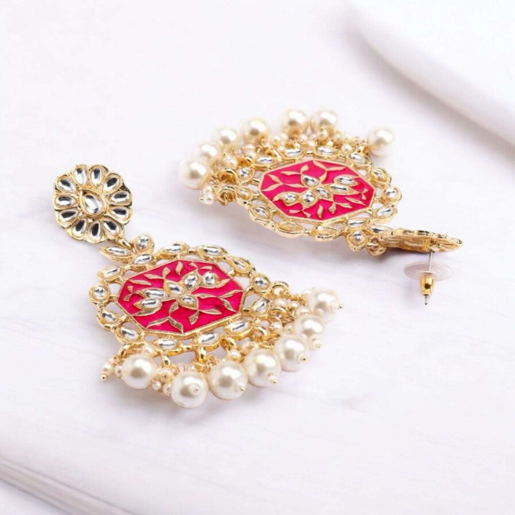 Lavish Giftz Gold-Plated Pink Crescent-Shaped Kundan Earrings