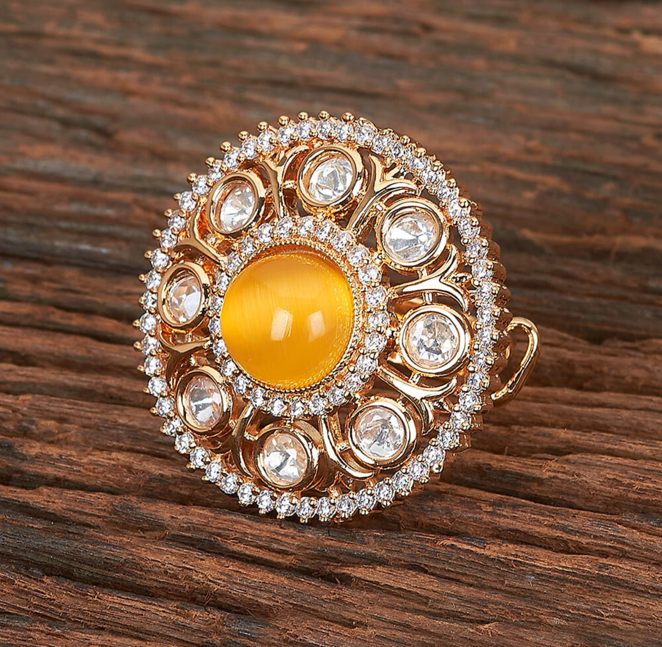 Lavish Giftz Gold-Plated Orange Round Stone & Kundan Studded Adjustable Handcrafted Finger Ring