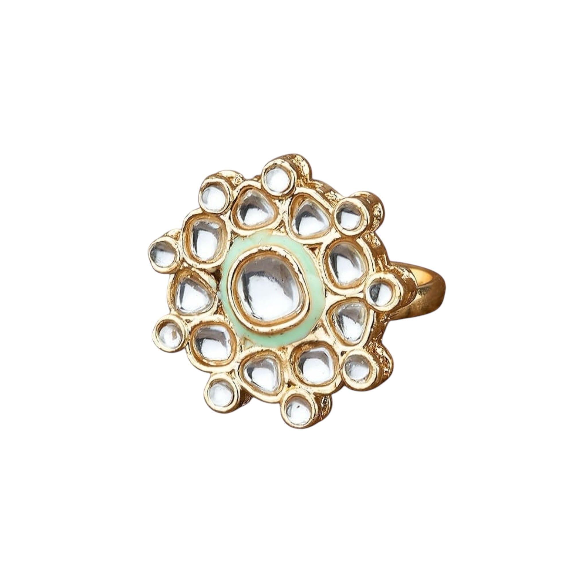 Lavish Giftz Gold-Plated Classic Light Green Kundan Stone Studded Handcrafted Finger Ring