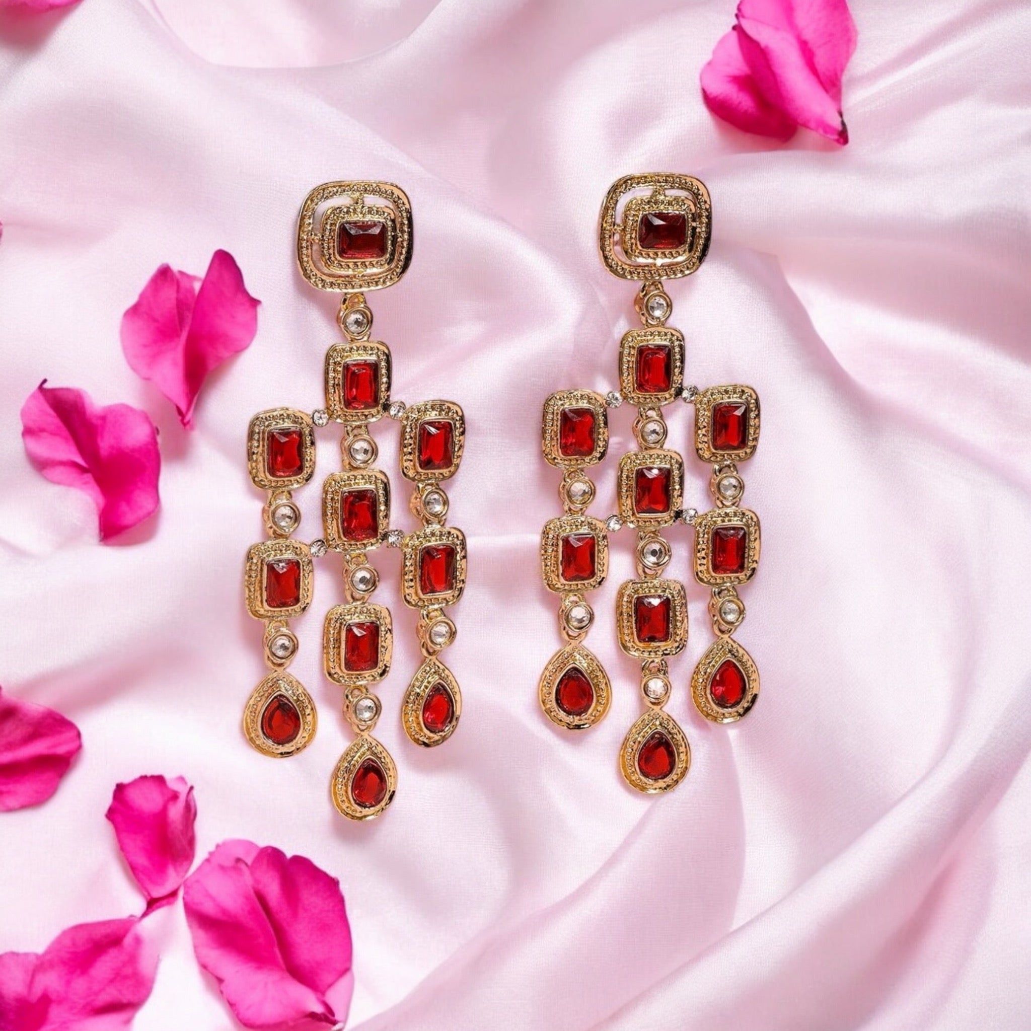 Lavish Giftz 22k Gold Plated Ruby Red Zirconia Studded Dangle Earrings