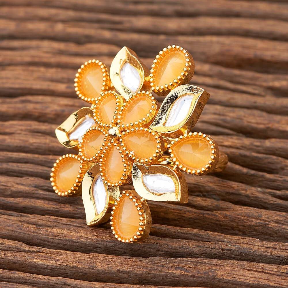 Lavish Giftz Gold-Plated Adjustable Kundan Handcrafted Orange Statement Finger Ring