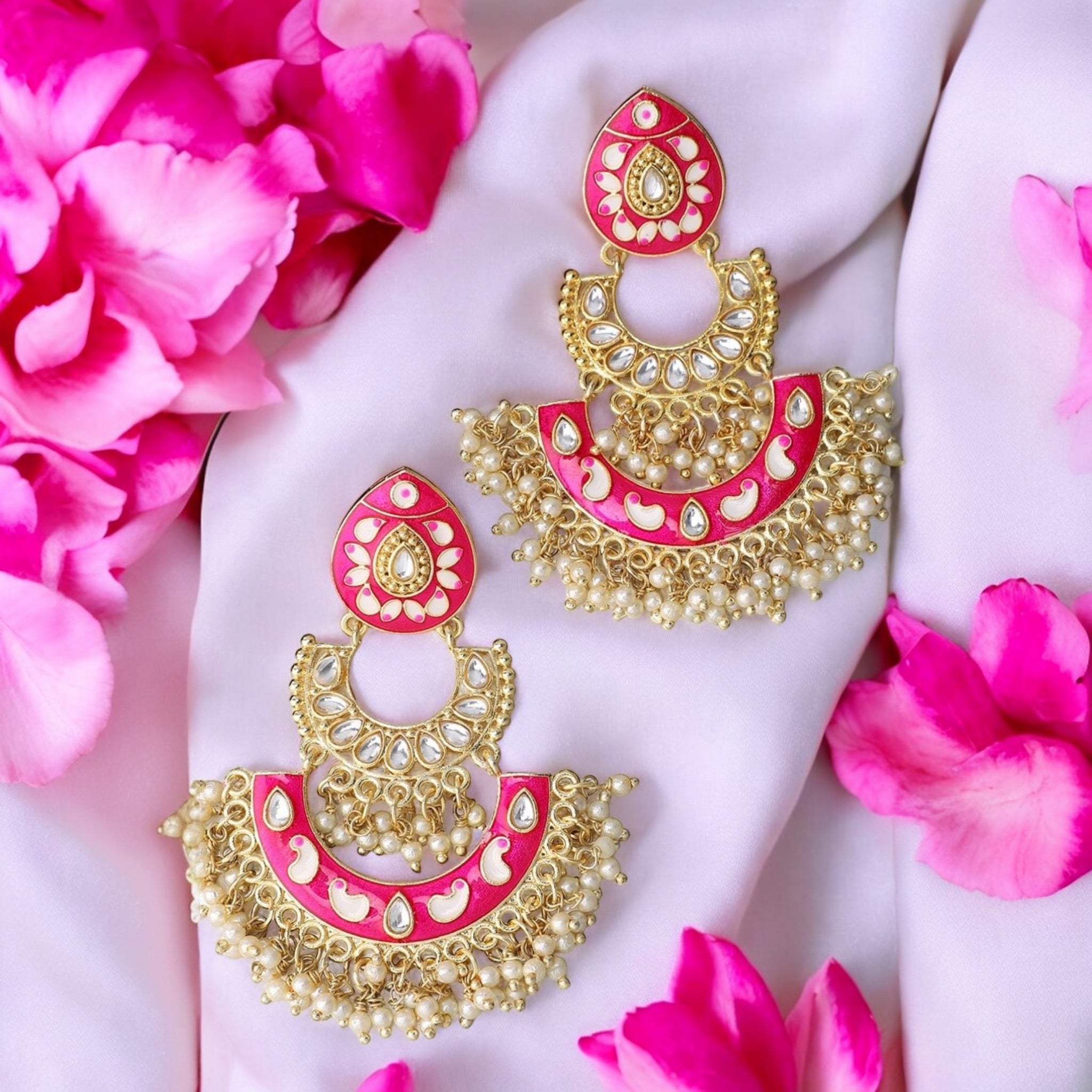 Lavish Giftz Gold Plated Pink & White Enamelled Long Chandbali Earrings