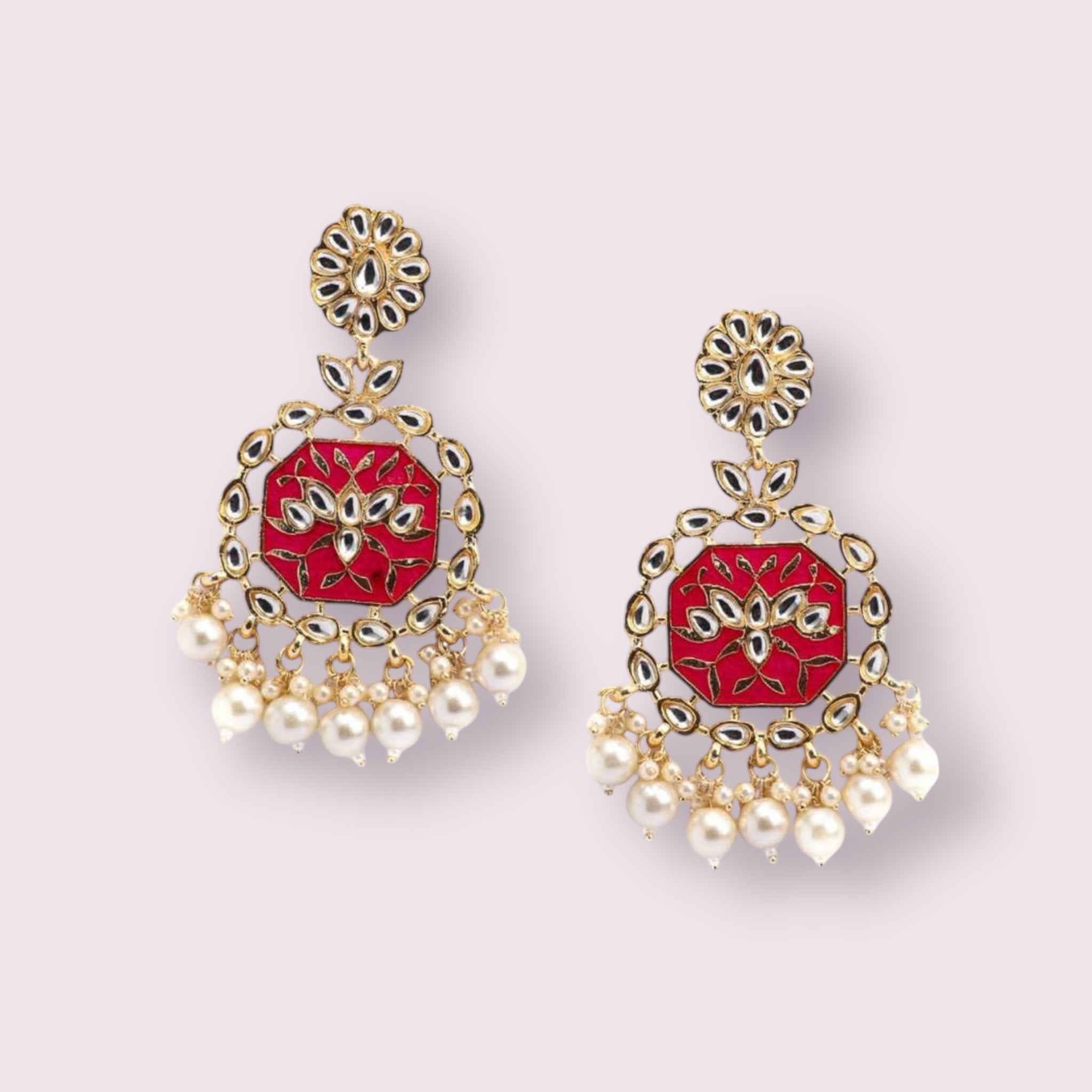 Lavish Giftz Gold-Plated Pink Crescent-Shaped Kundan Earrings