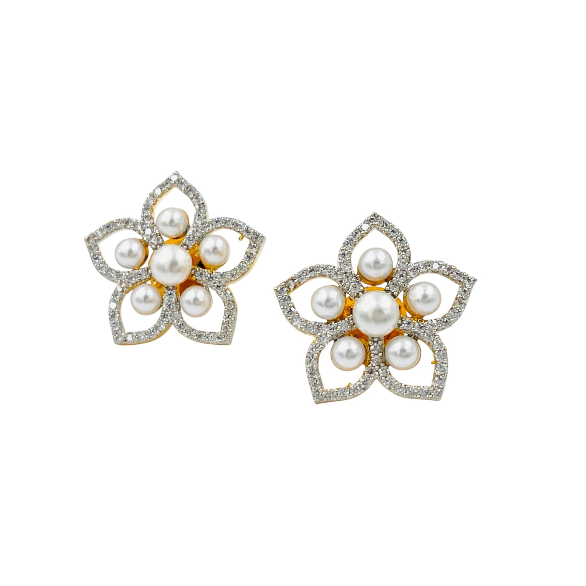 Lavish Giftz Pearl Cubic Zirconia Stud Earrings With Two-Tone Rhodium Plating