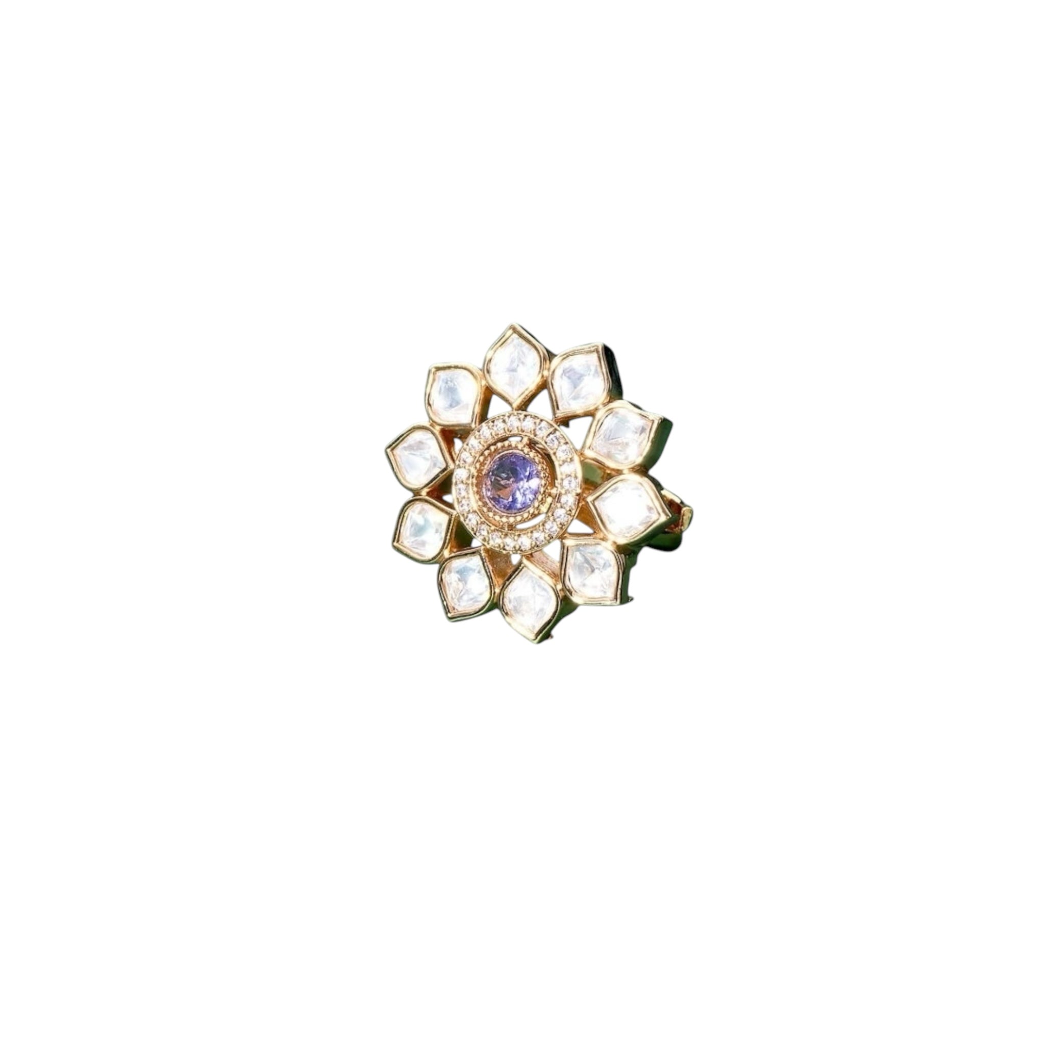 Lavish Giftz Gold-Plated Classic Kundan Adjustable Kundan & Purple Stone Studded Handcrafted Finger Ring