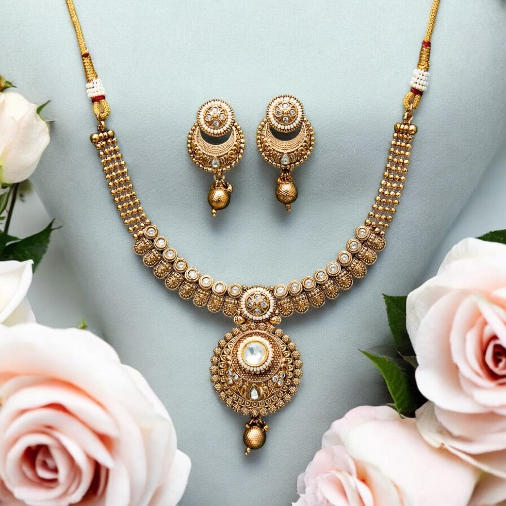 Lavish Giftz Antique Classic Gold Plated White Necklace Set