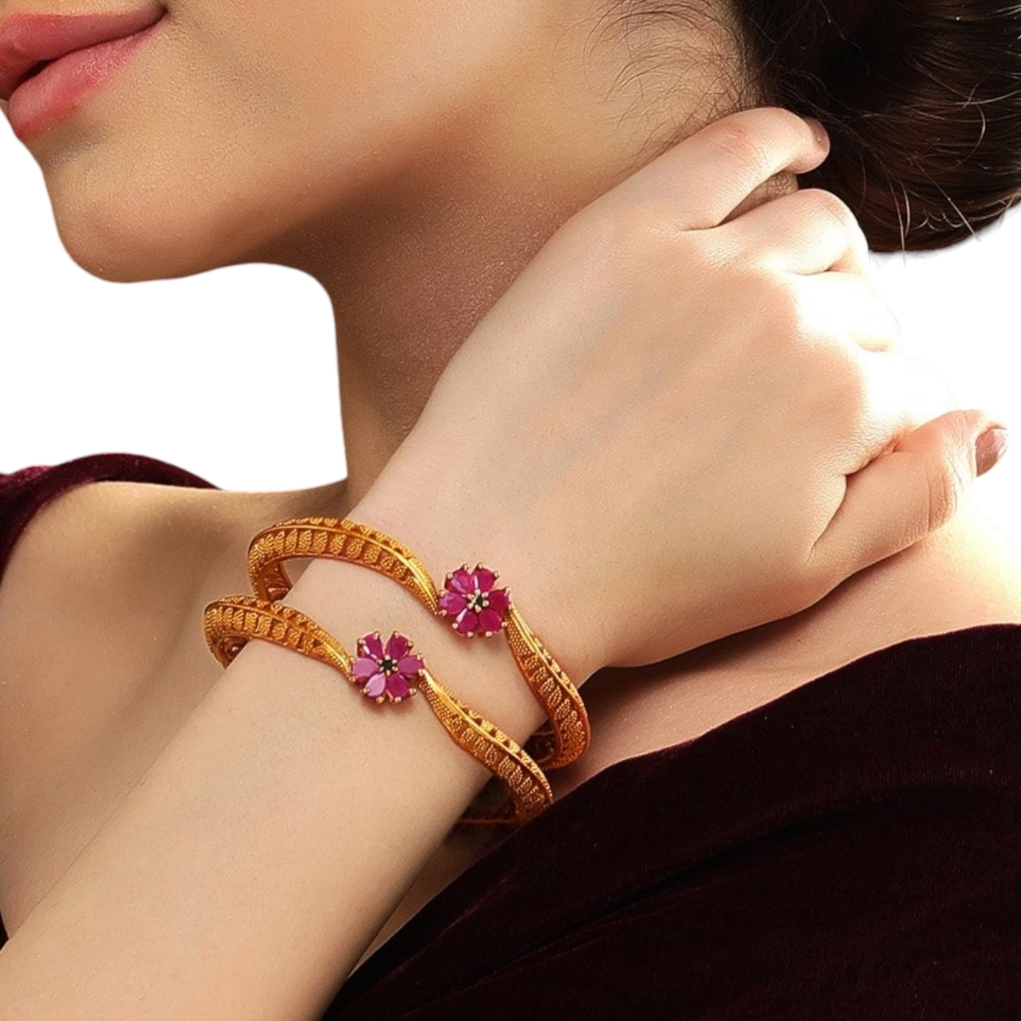 Lavish Giftz Set Of 2 18k Gold Plated Floral Design Ruby Studded Handcrafted Bangles