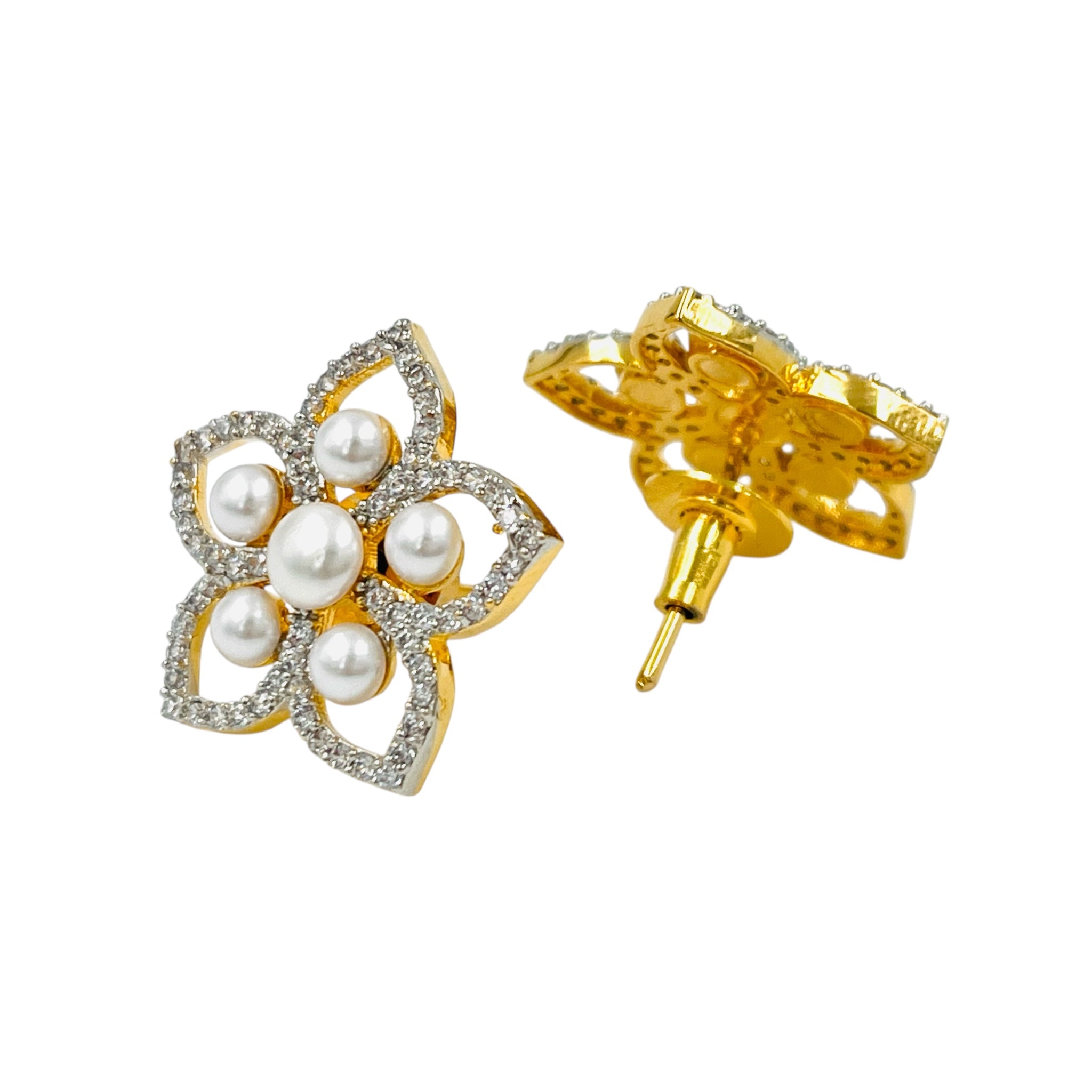 Lavish Giftz Pearl Cubic Zirconia Stud Earrings With Two-Tone Rhodium Plating