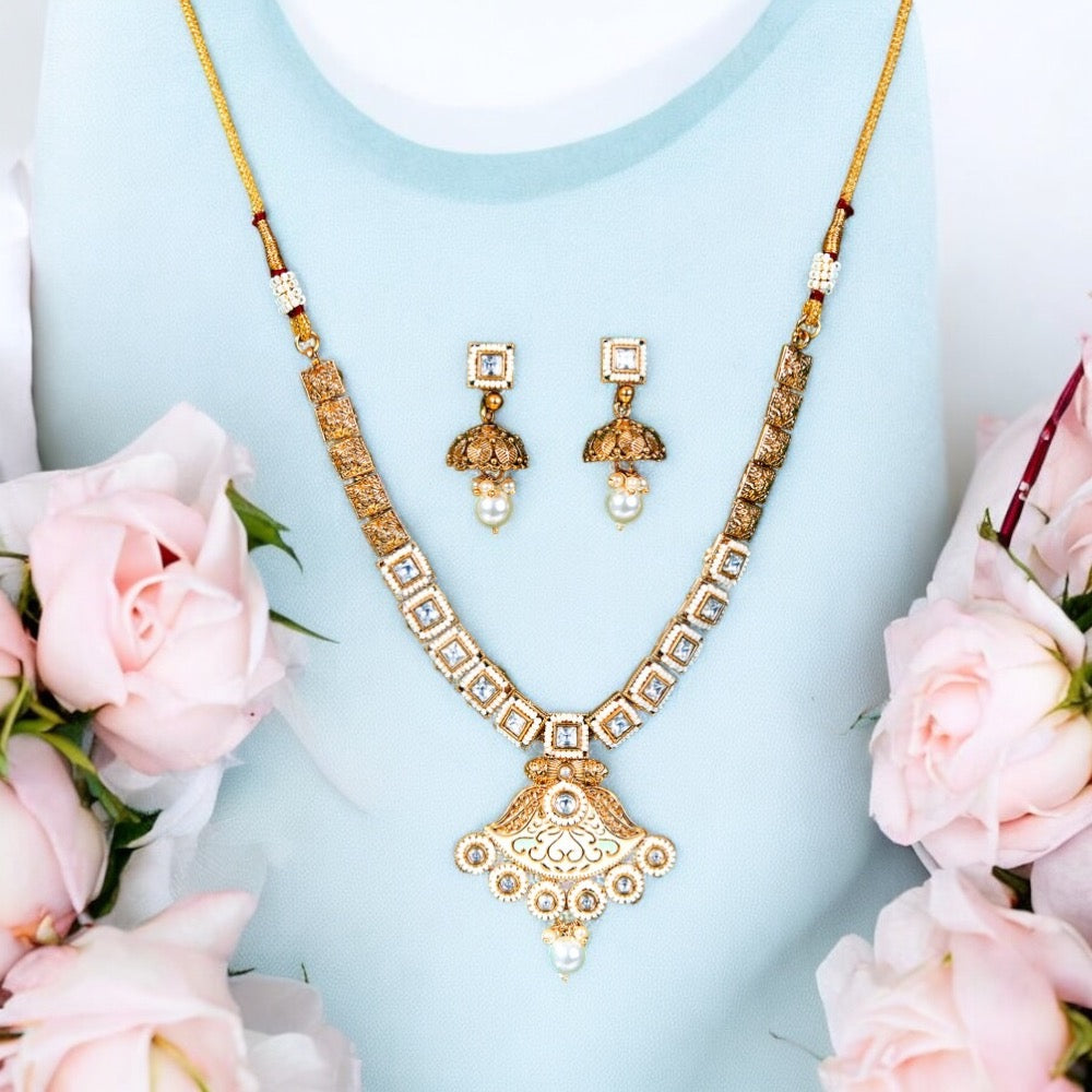 Lavish Giftz Meenakari Antique Gold Plated White Necklace Set