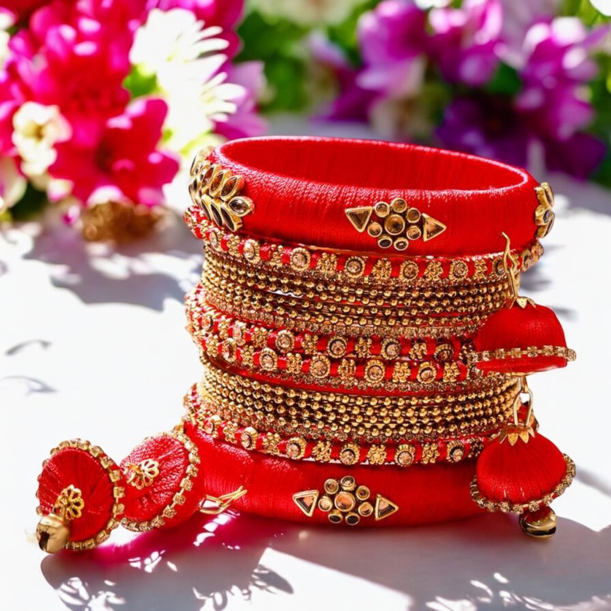 Lavish Giftz Set Of 18 Red & Golden Thread Bangles