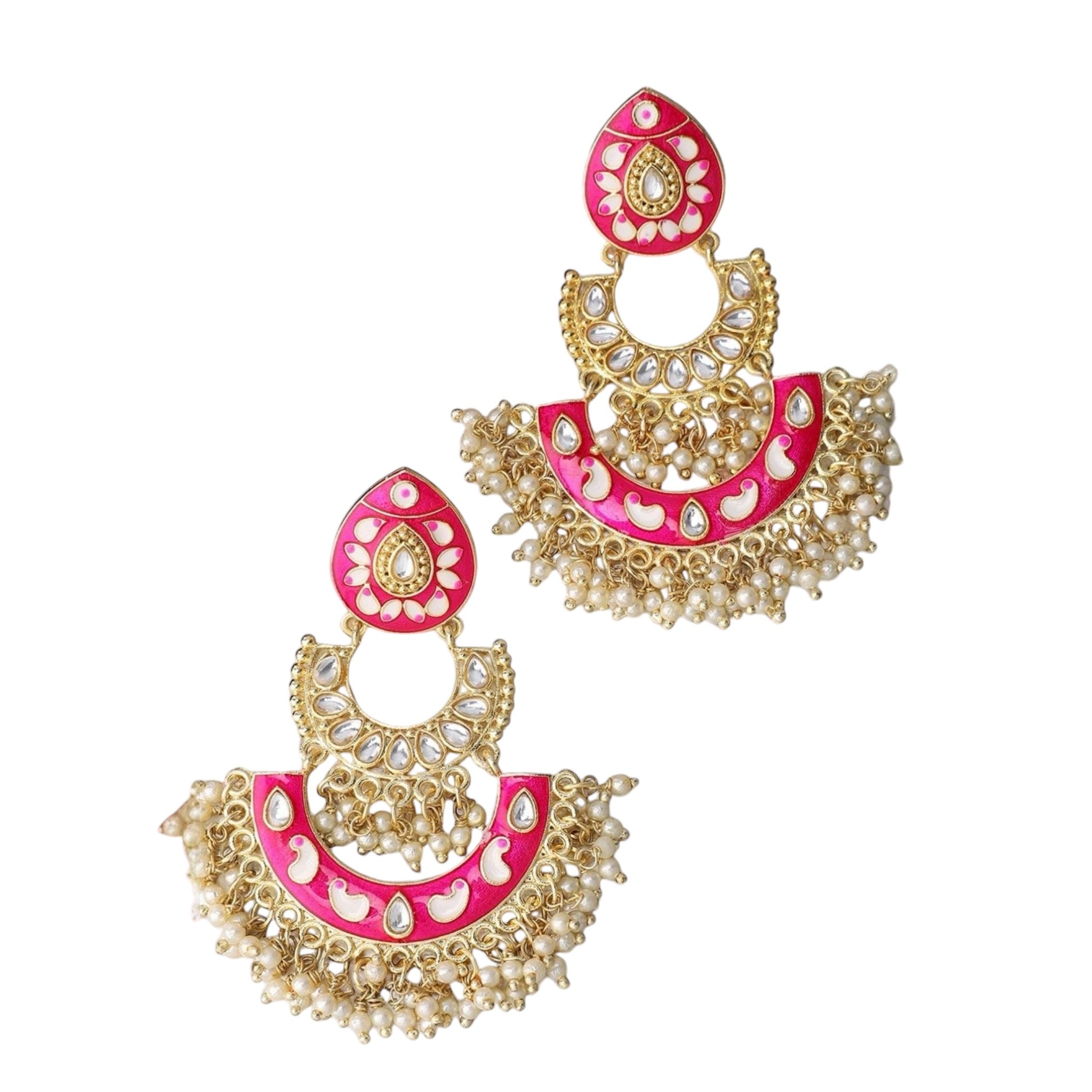 Lavish Giftz Gold Plated Pink & White Enamelled Long Chandbali Earrings