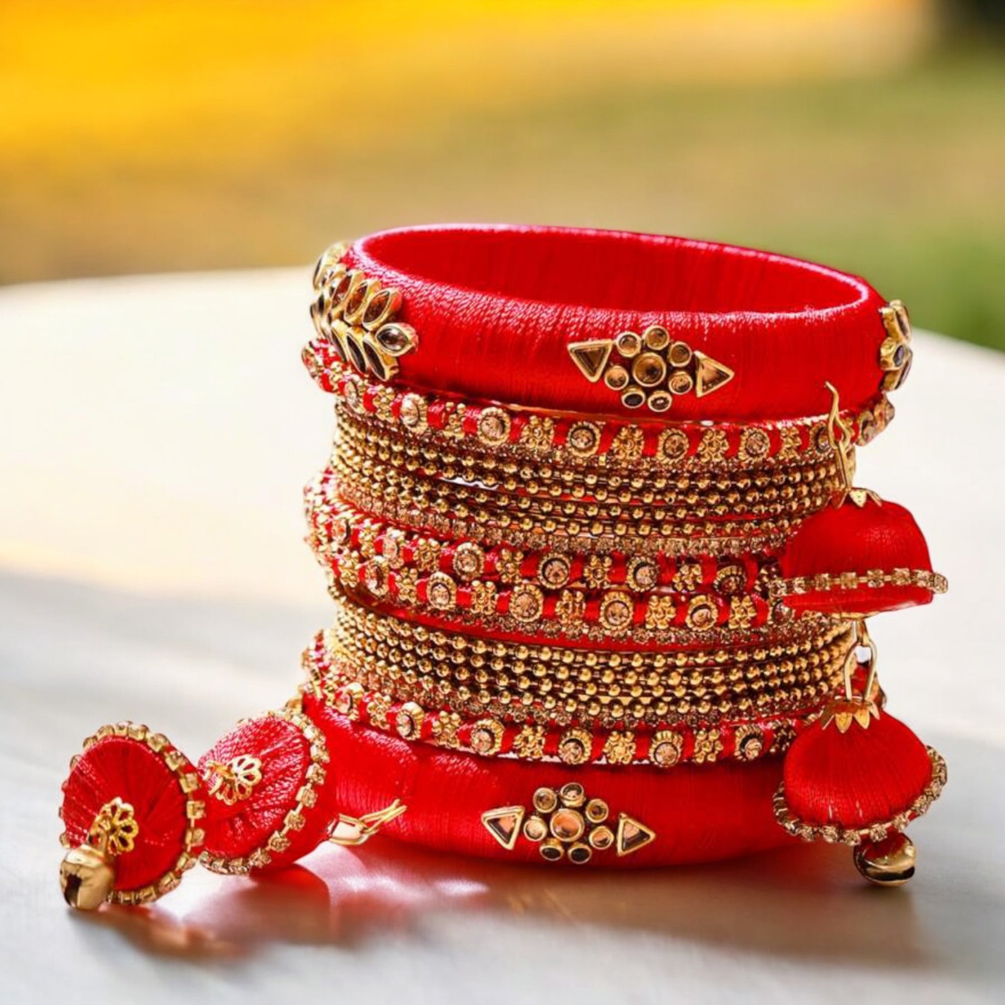 Lavish Giftz Set Of 18 Red & Golden Thread Bangles