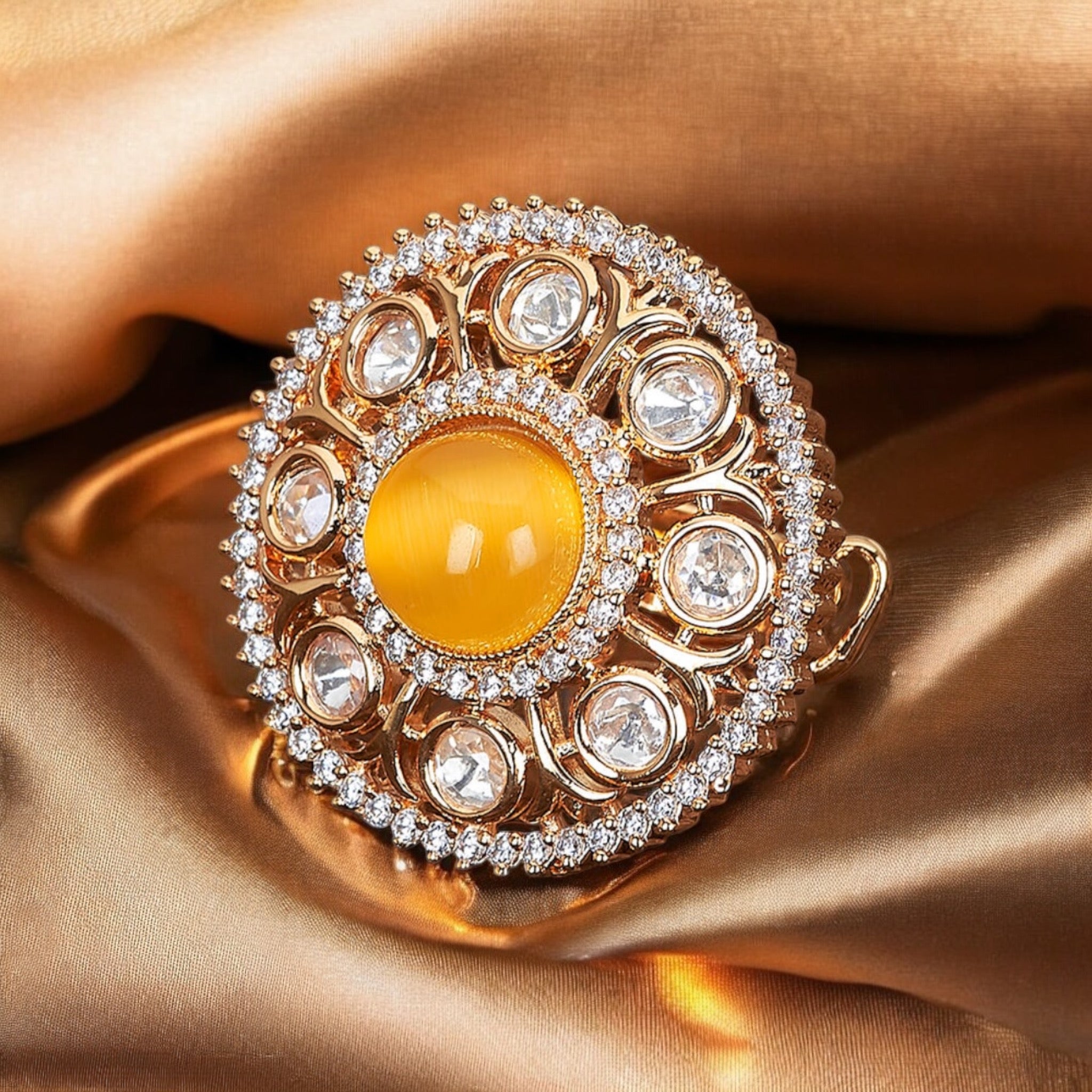 Lavish Giftz Gold-Plated Orange Round Stone & Kundan Studded Adjustable Handcrafted Finger Ring