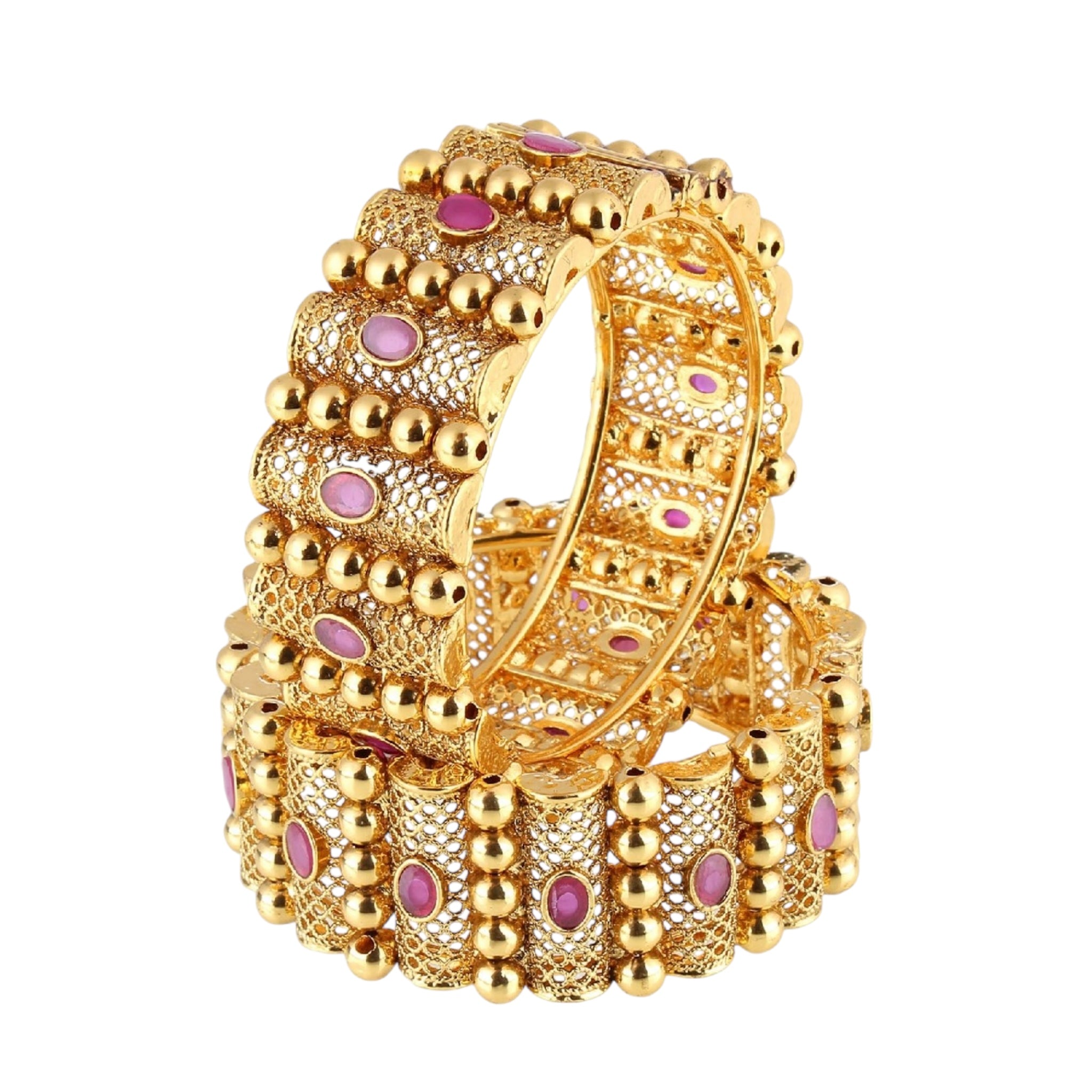 Lavish Giftz Set Of 2 24k Gold Plated Handcrafted Stone Studded Bangles