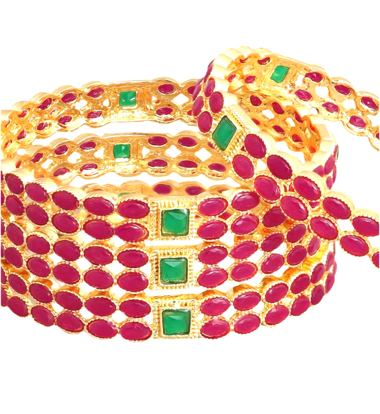 Lavish Giftz Set Of 4 18k Gold Plated Pink and Green Stone Studded Bangles