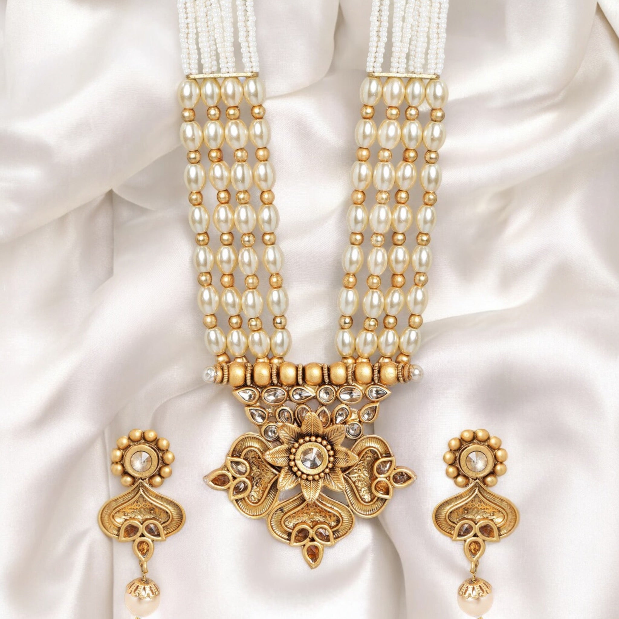 Lavish Giftz Gold Plated Multistranded Antique Kundan and White Stone Studded Handcrafted Necklace Set