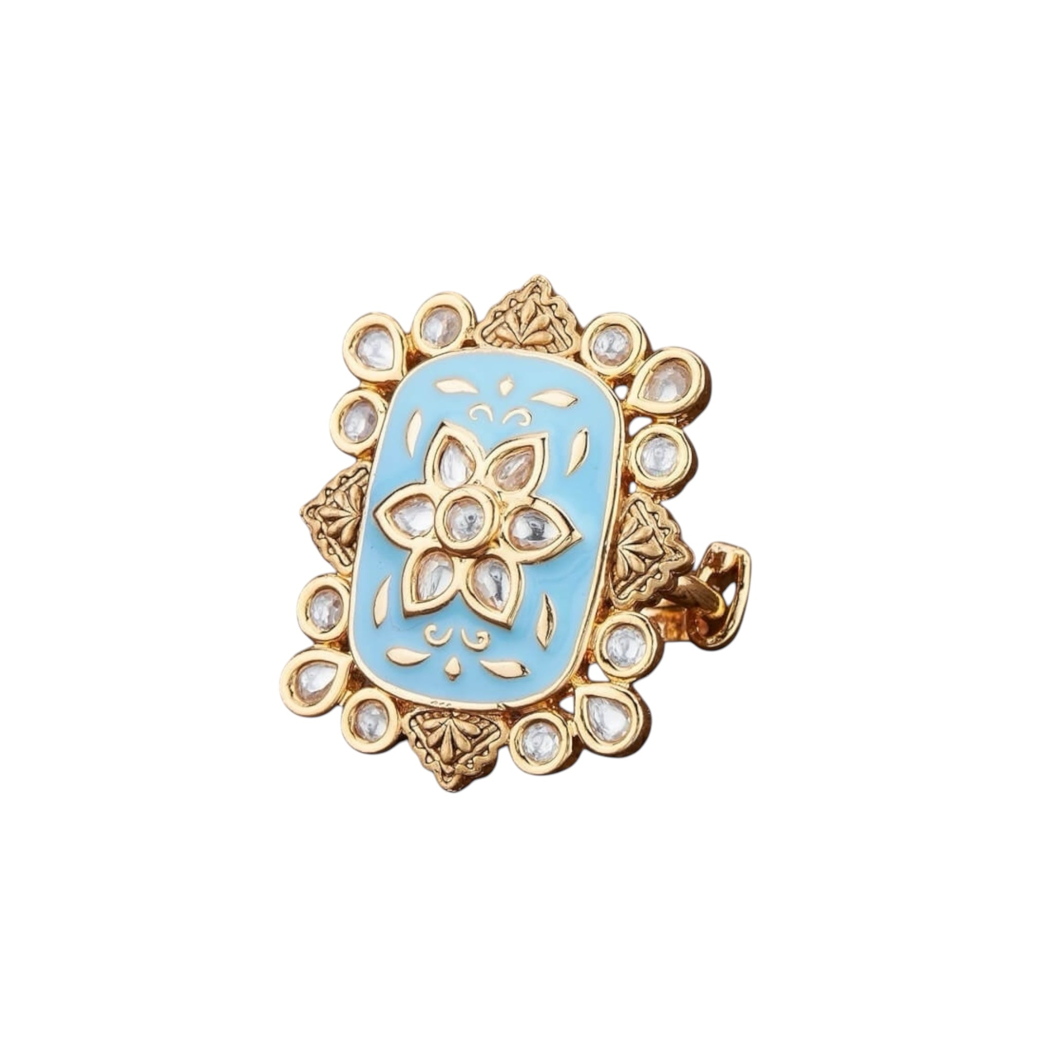 Lavish Giftz Gold-Plated Aqua Classic Kundan Stone Studded Handcrafted Finger Ring