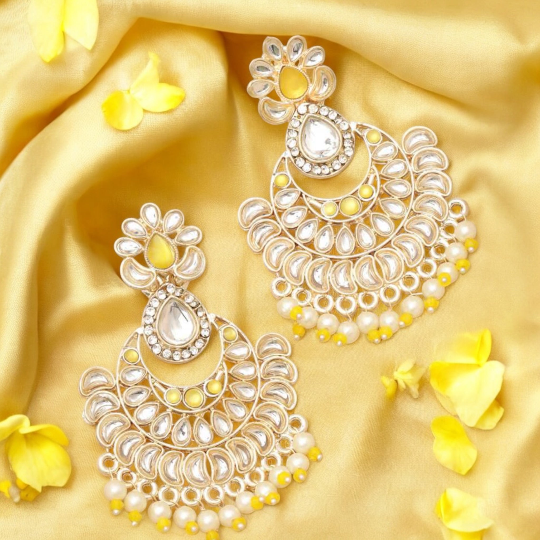 Lavish Giftz Gold Plated Yellow Beads Kundan Chandbali Earrings