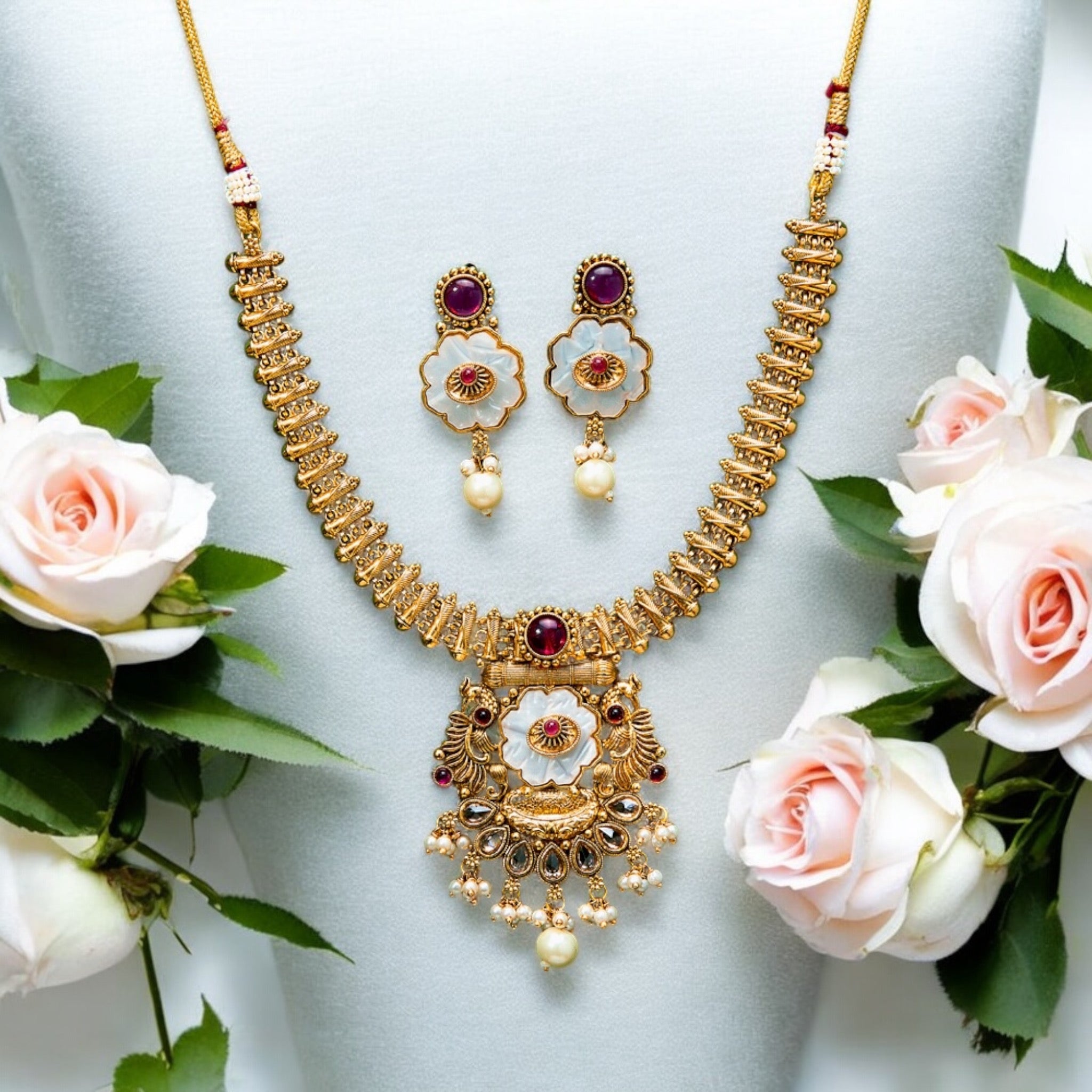 Lavish Giftz Mother of Pearl Ruby Antique Gold Plated Necklace Set