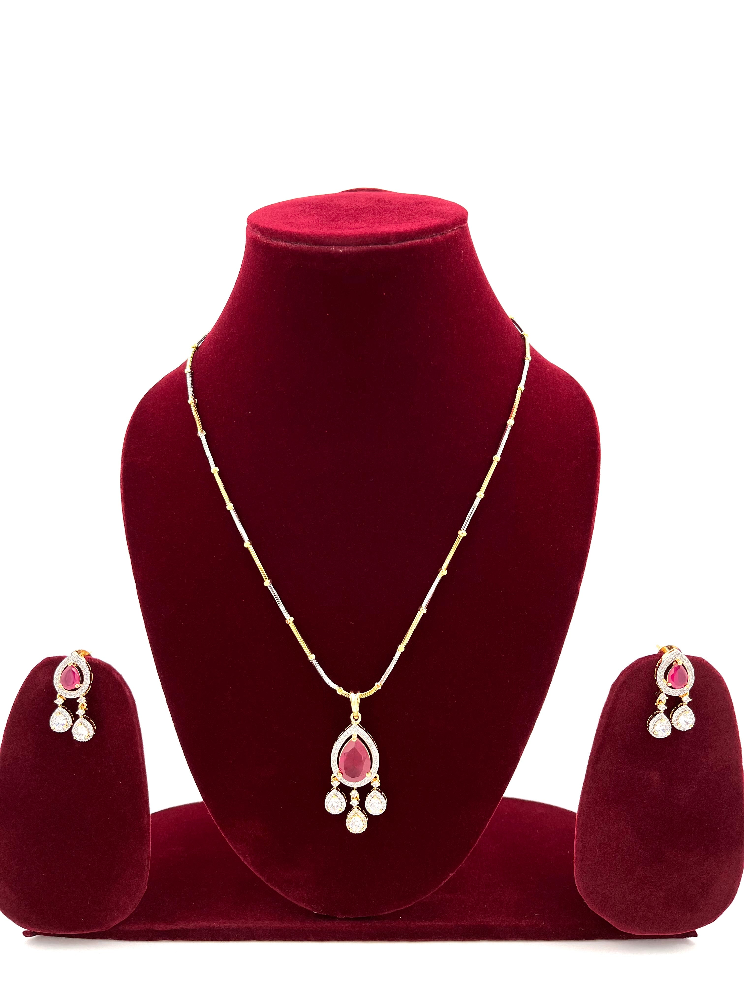 Lavish Giftz Cubic Zirconia Classic Necklace Set with Ruby Stone and Two-Tone Plating