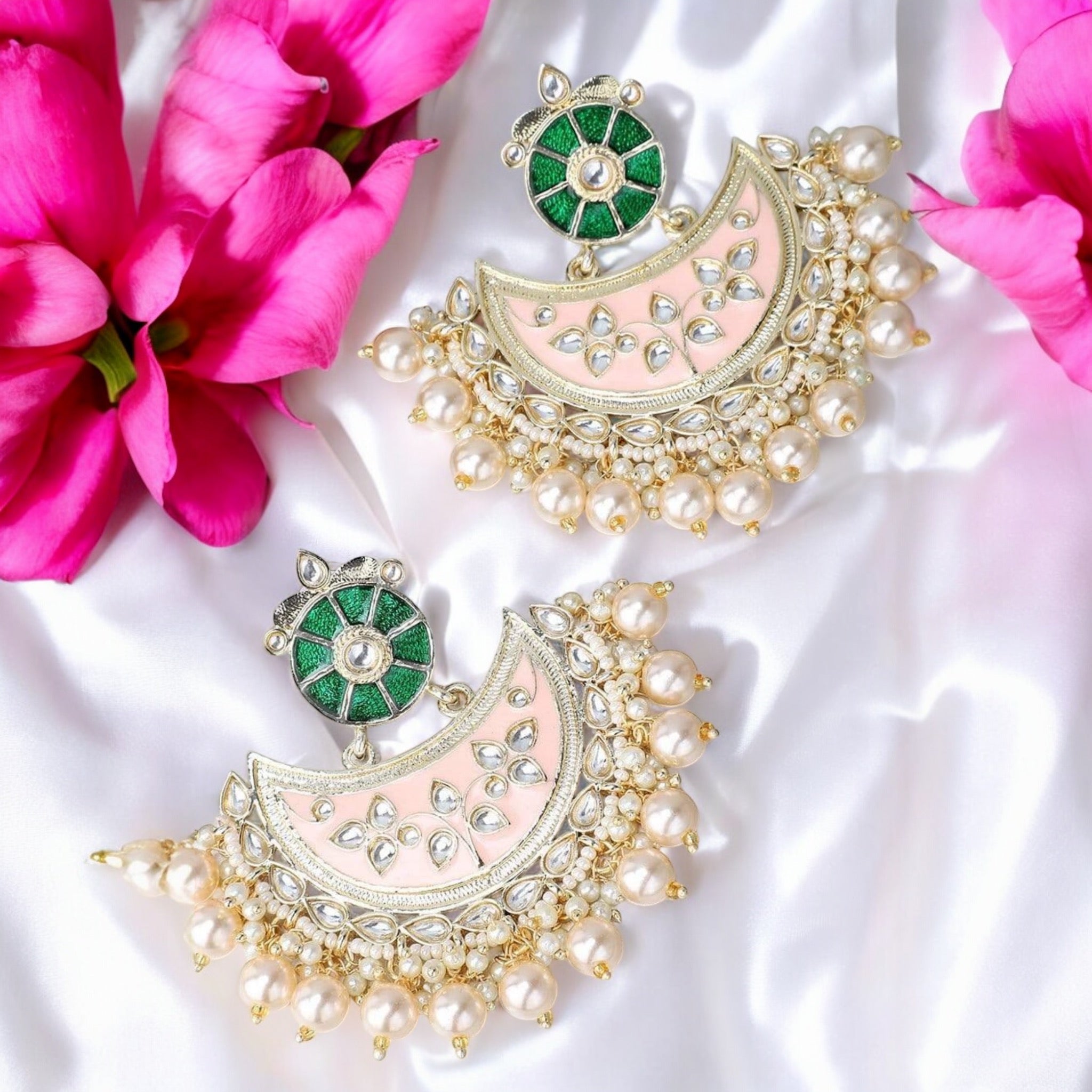 Lavish Giftz 18k Gold Plated Pink & Green Crescent Chandbali Earrings