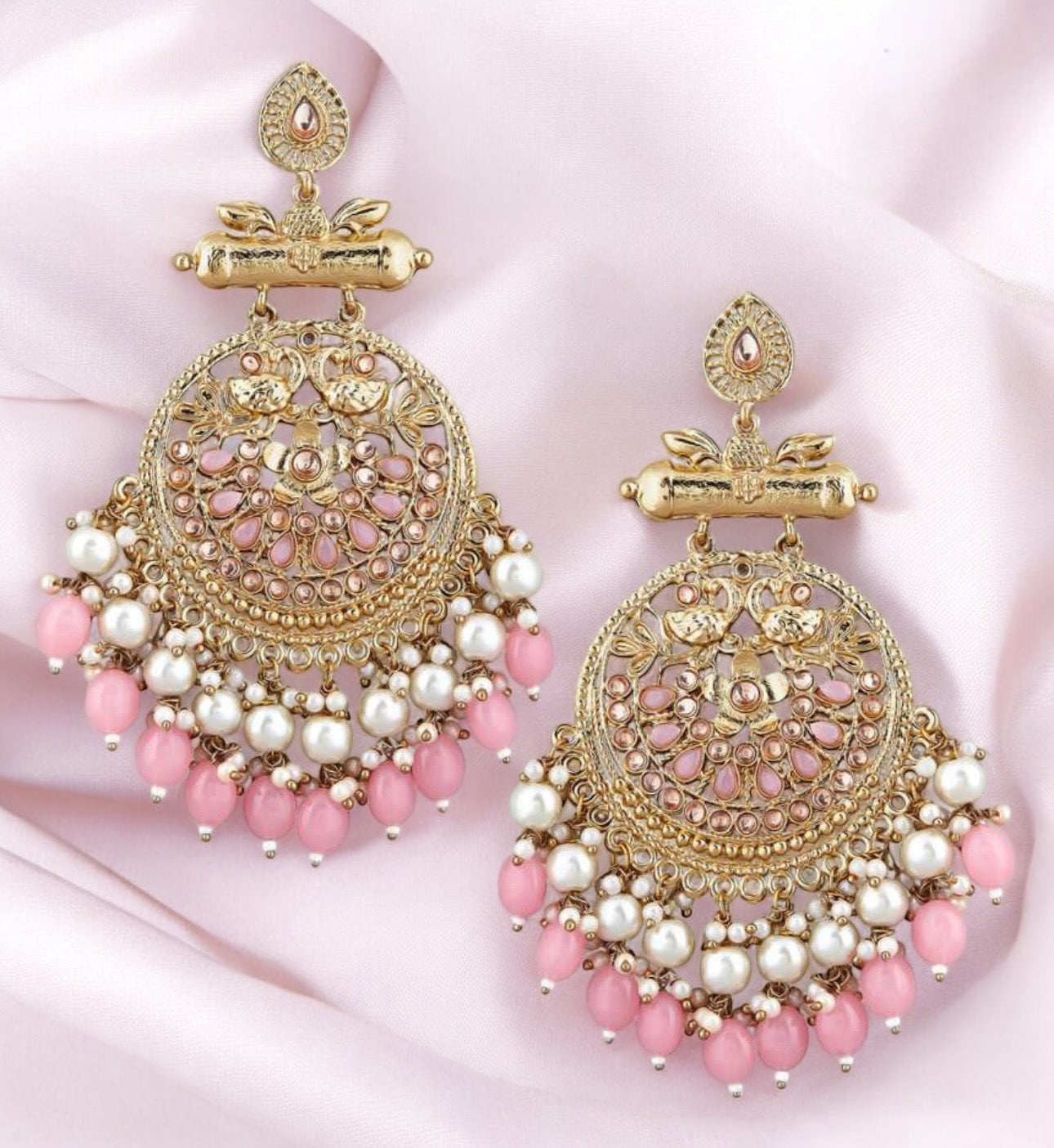 Lavish Giftz 18k Gold Plated Pink Beads Chandbali Earrings