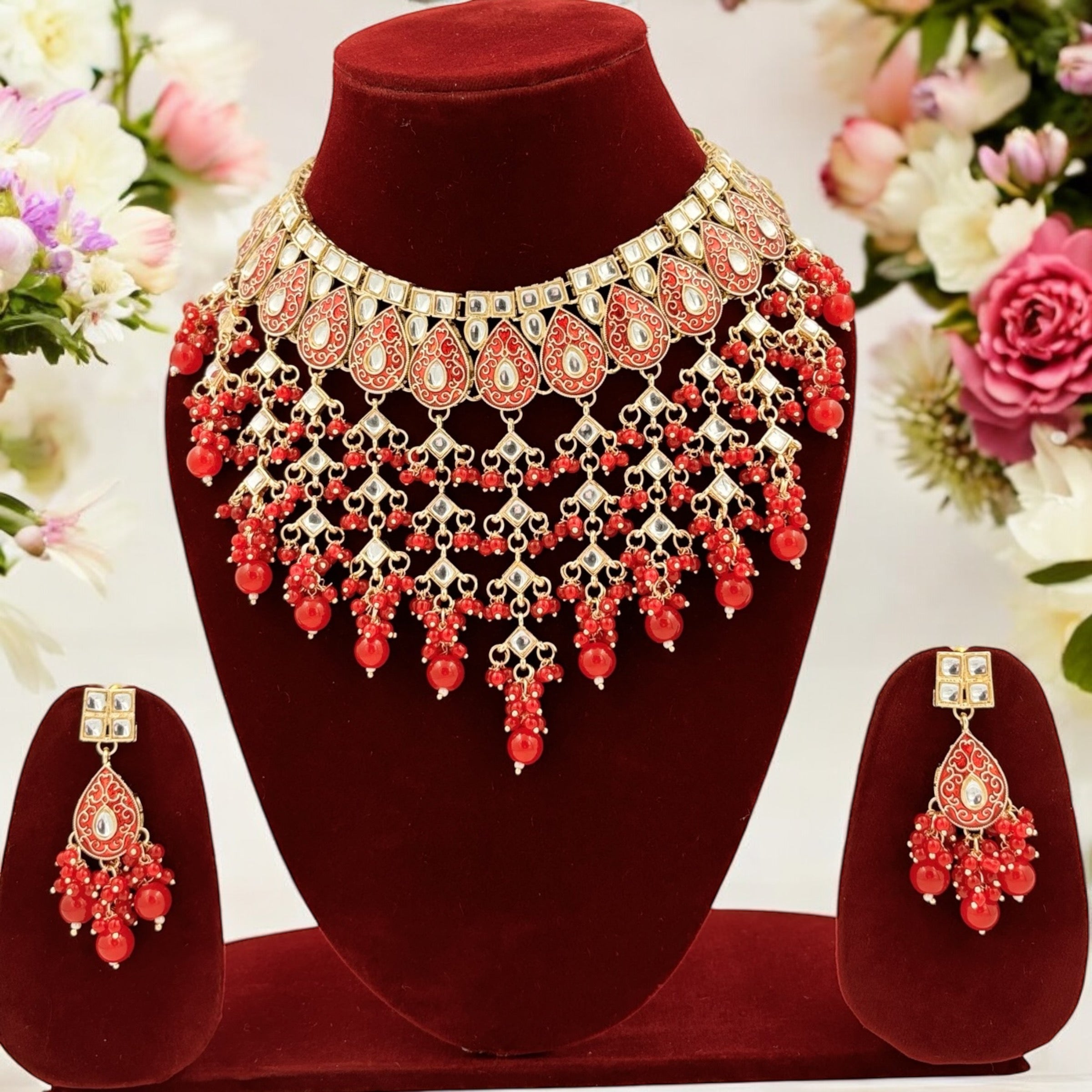 Lavish Giftz Bollywood Style Adjustable Gold Plated Red Necklace Set