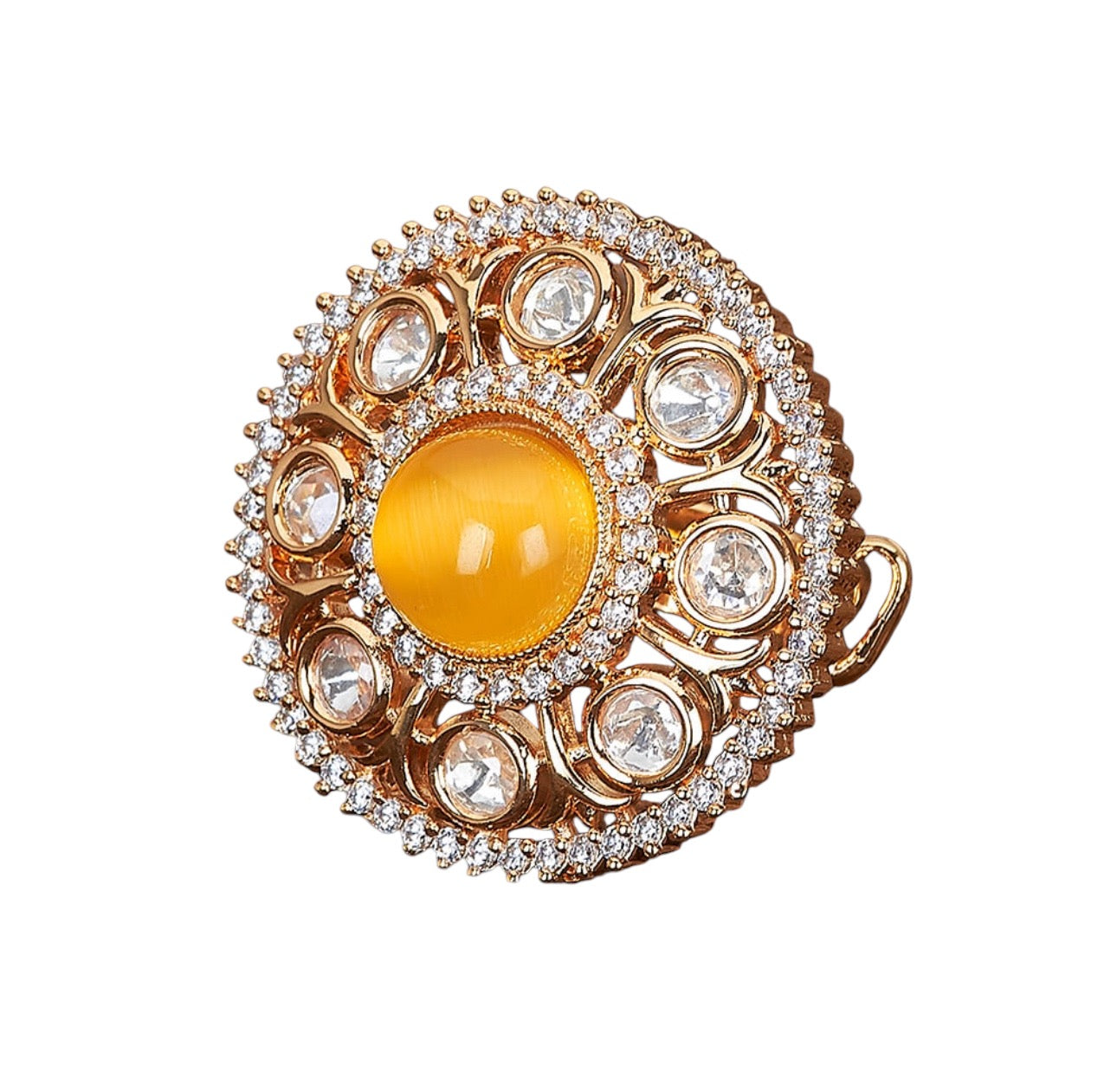 Lavish Giftz Gold-Plated Orange Round Stone & Kundan Studded Adjustable Handcrafted Finger Ring