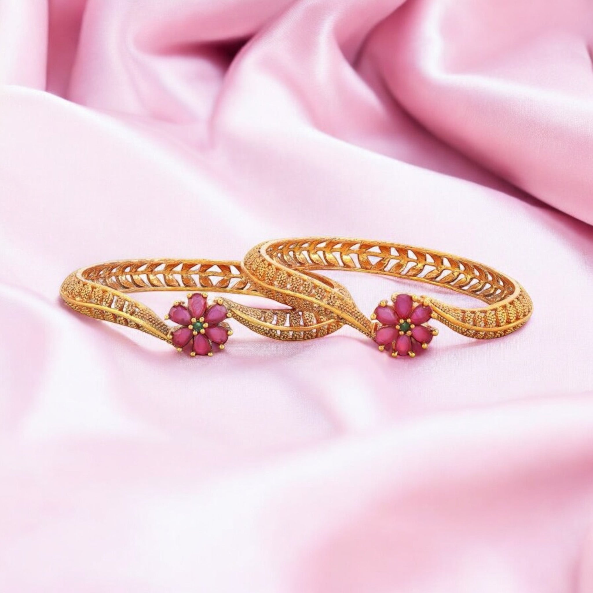 Lavish Giftz Set Of 2 18k Gold Plated Floral Design Ruby Studded Handcrafted Bangles