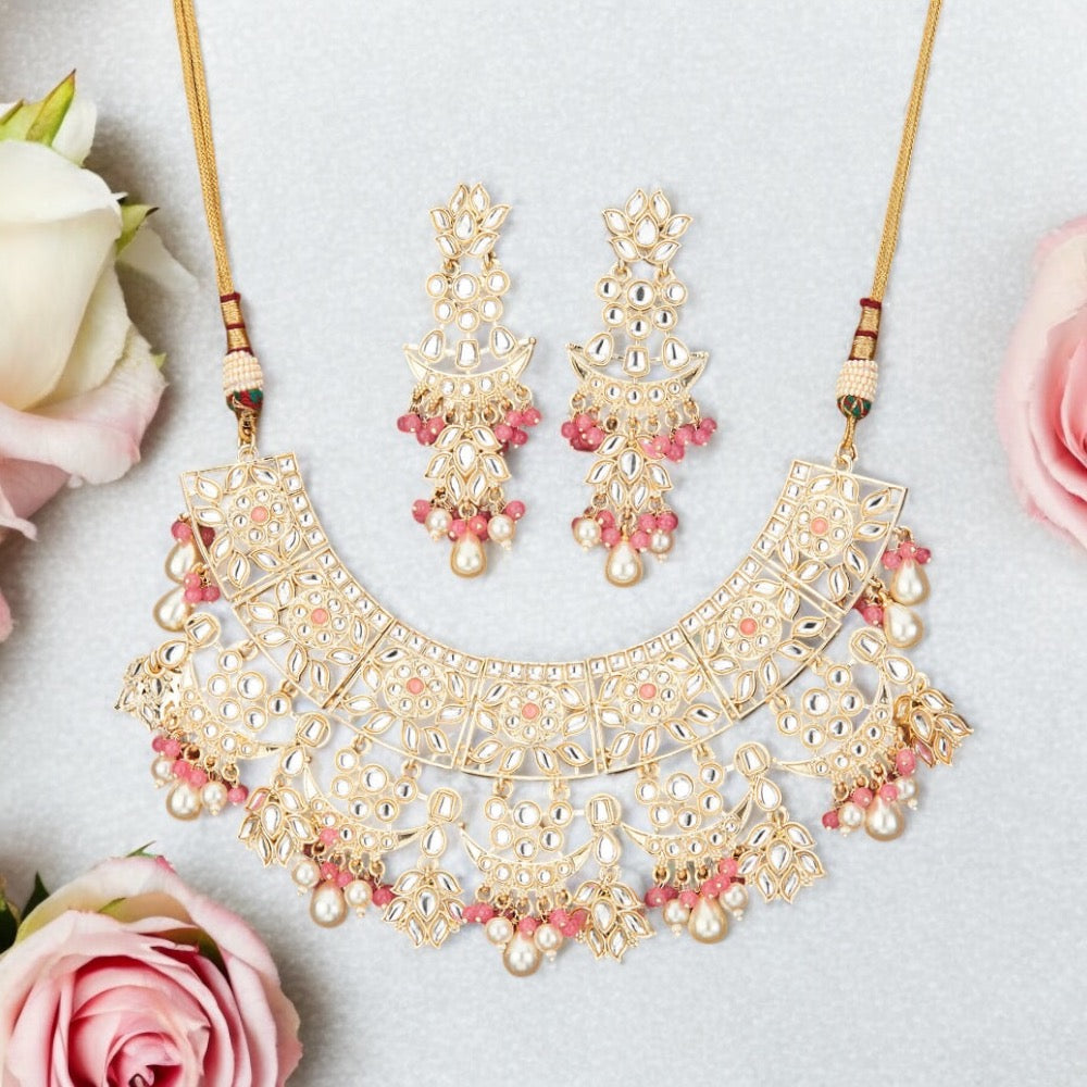 Lavish Giftz Cresent Kundan Pearl Gold Plated Pink Necklace Set