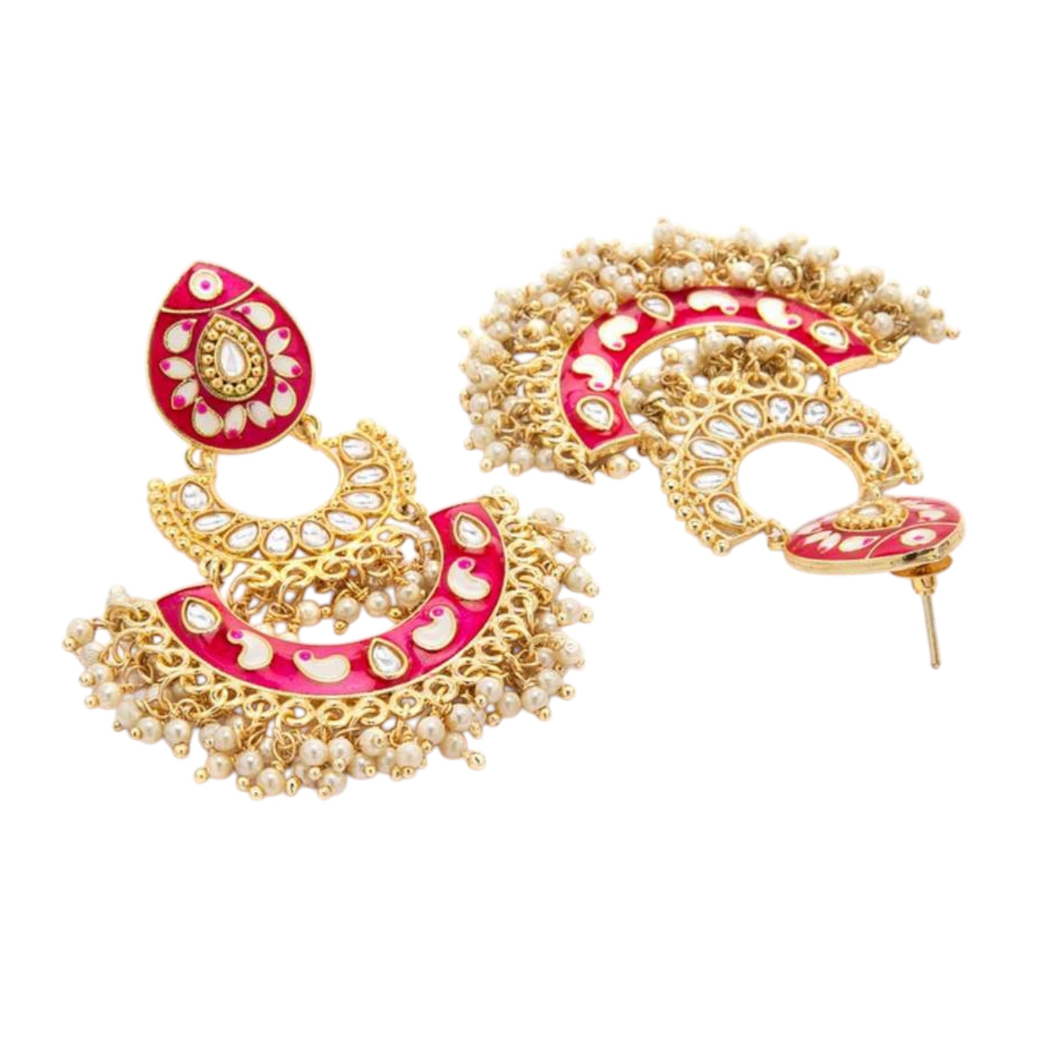 Lavish Giftz Gold Plated Pink & White Enamelled Long Chandbali Earrings