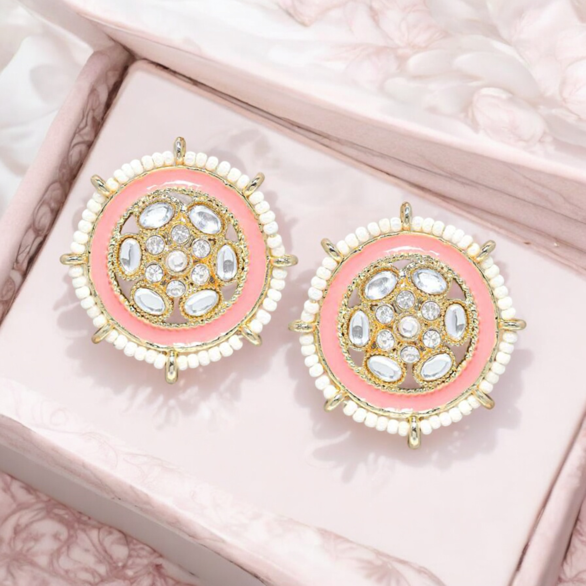 Lavish Giftz 18k Gold Off-White and Pink Enamel Circular Kundan Stud Earrings