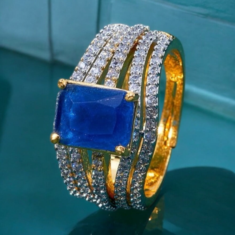 Lavish Giftz Radiant Blue Stone Cubic Zirconia Two-Tone Adjustable Ring