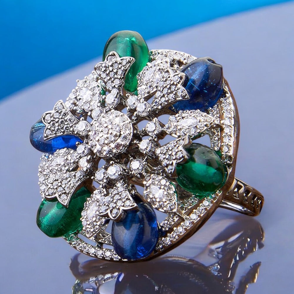 Lavish Giftz Adjustable Cubic Zirconia Blue Green Statement Ring With Black Plating