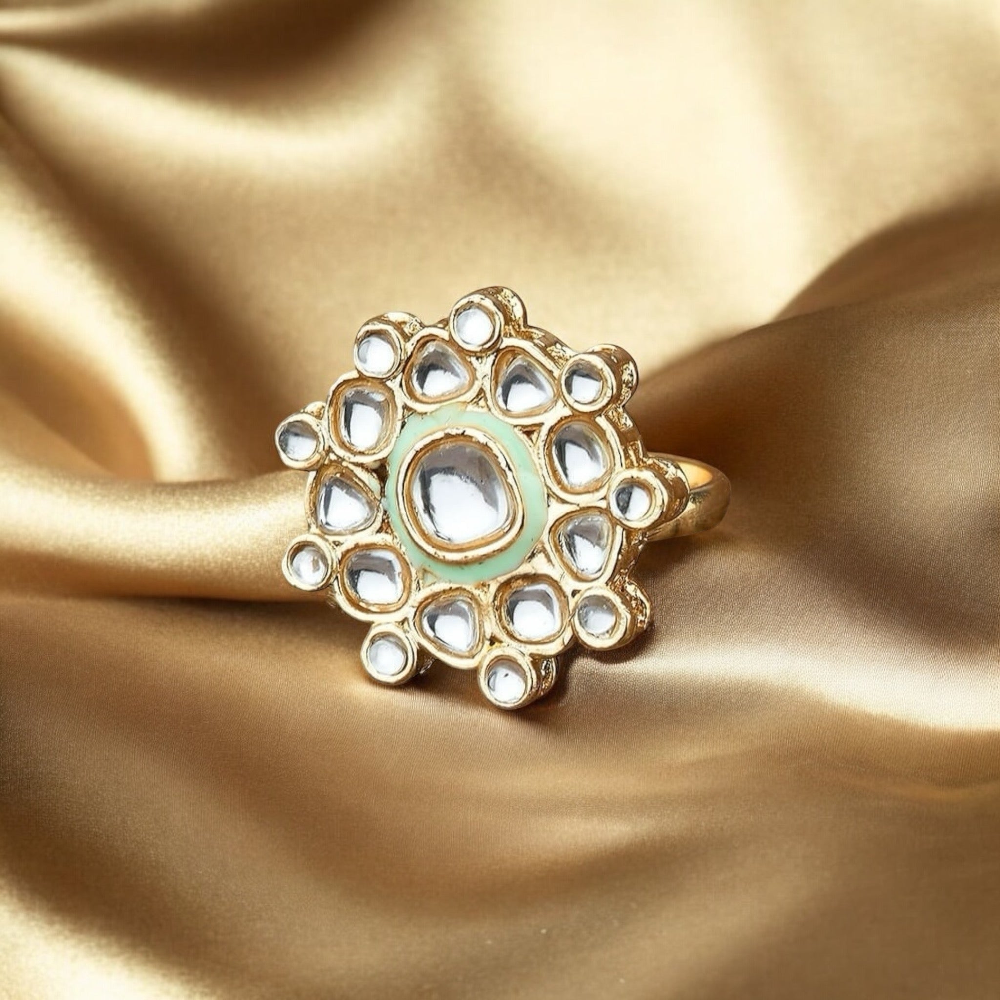 Lavish Giftz Gold-Plated Classic Light Green Kundan Stone Studded Handcrafted Finger Ring