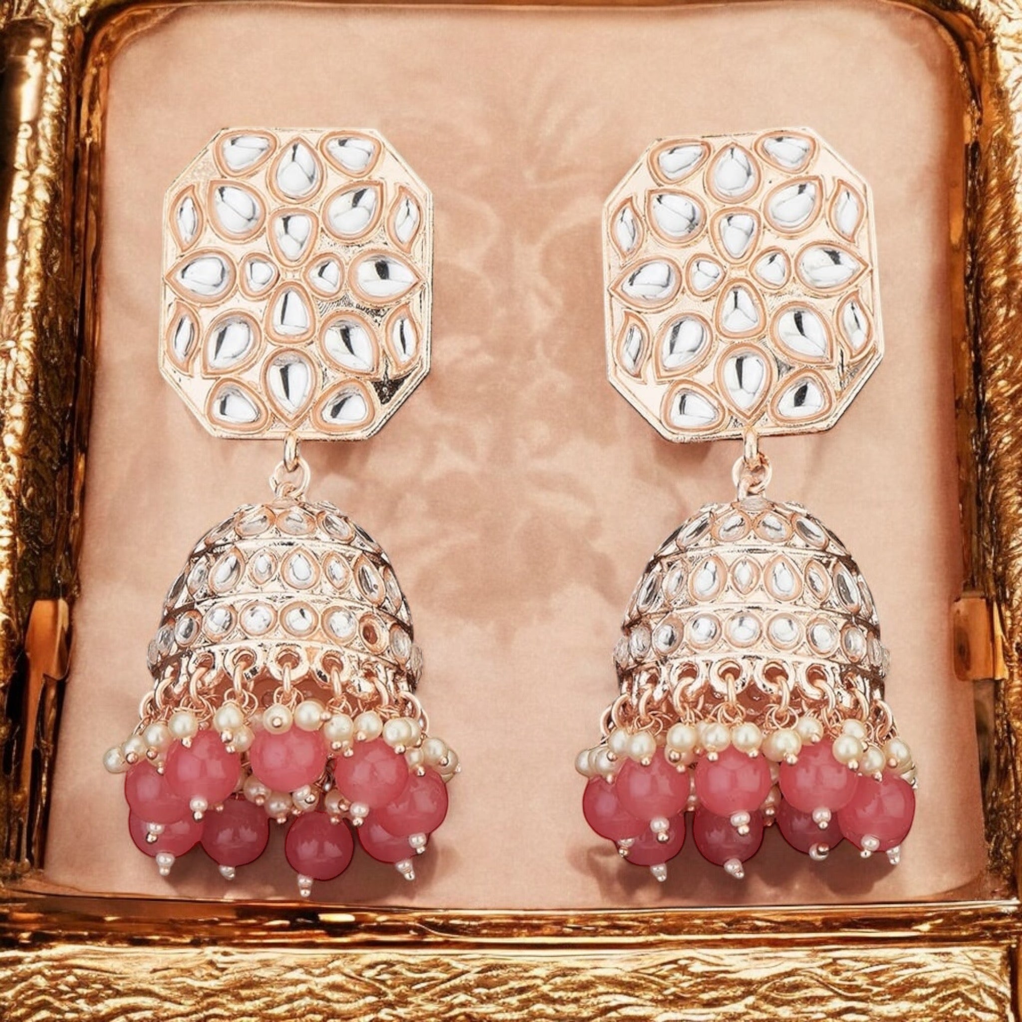 Lavish Giftz Gold Plated Indo Western Meenakari Jhumki Earrings - Pink