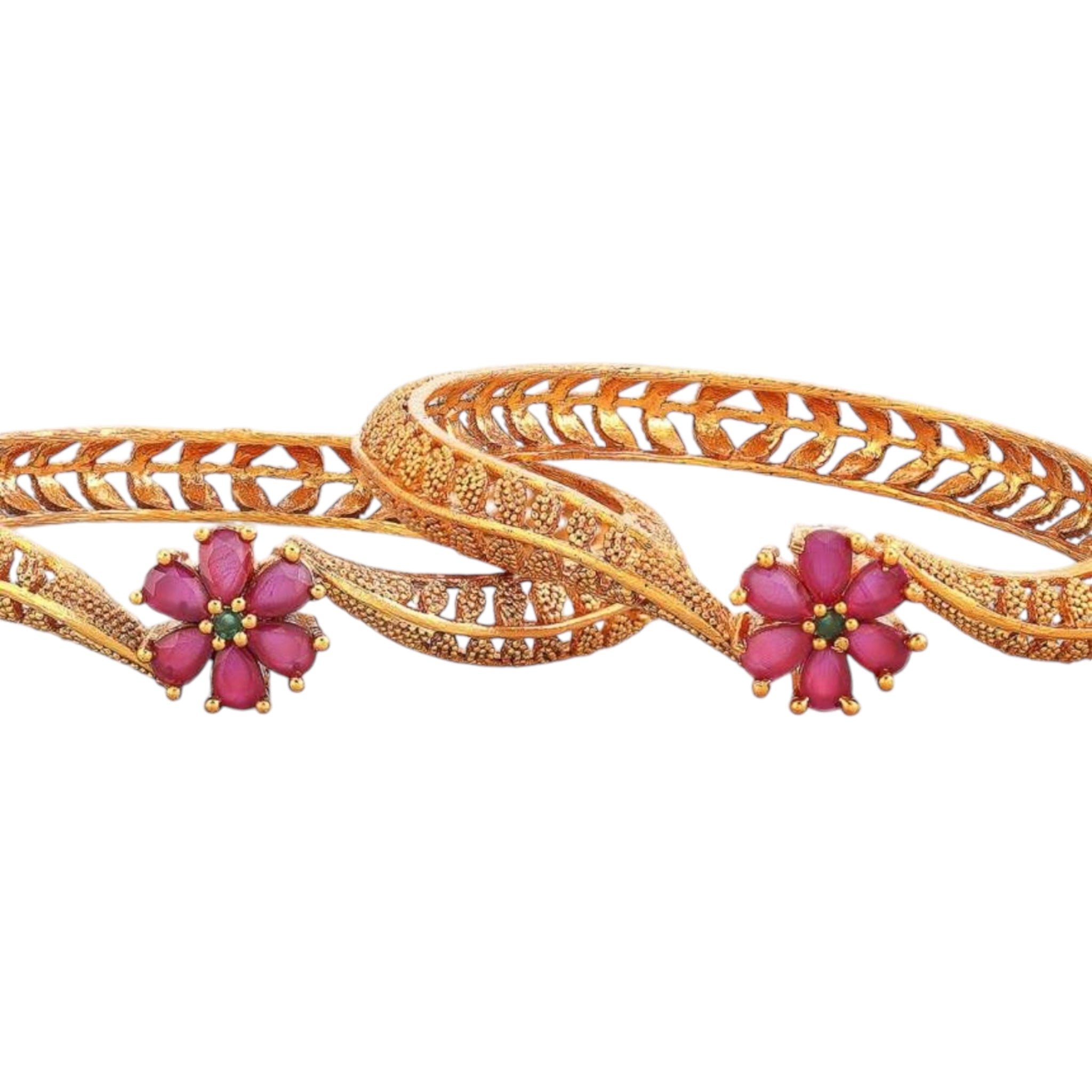 Lavish Giftz Set Of 2 18k Gold Plated Floral Design Ruby Studded Handcrafted Bangles