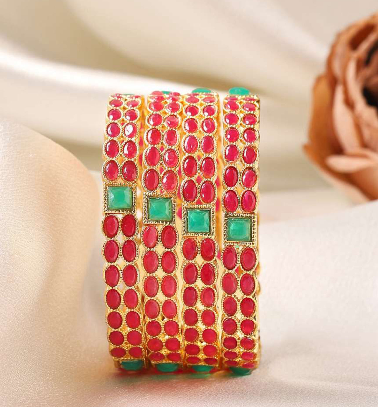 Lavish Giftz Gold Plated Pink and Green Stone Studded Bangles - Set Of 4