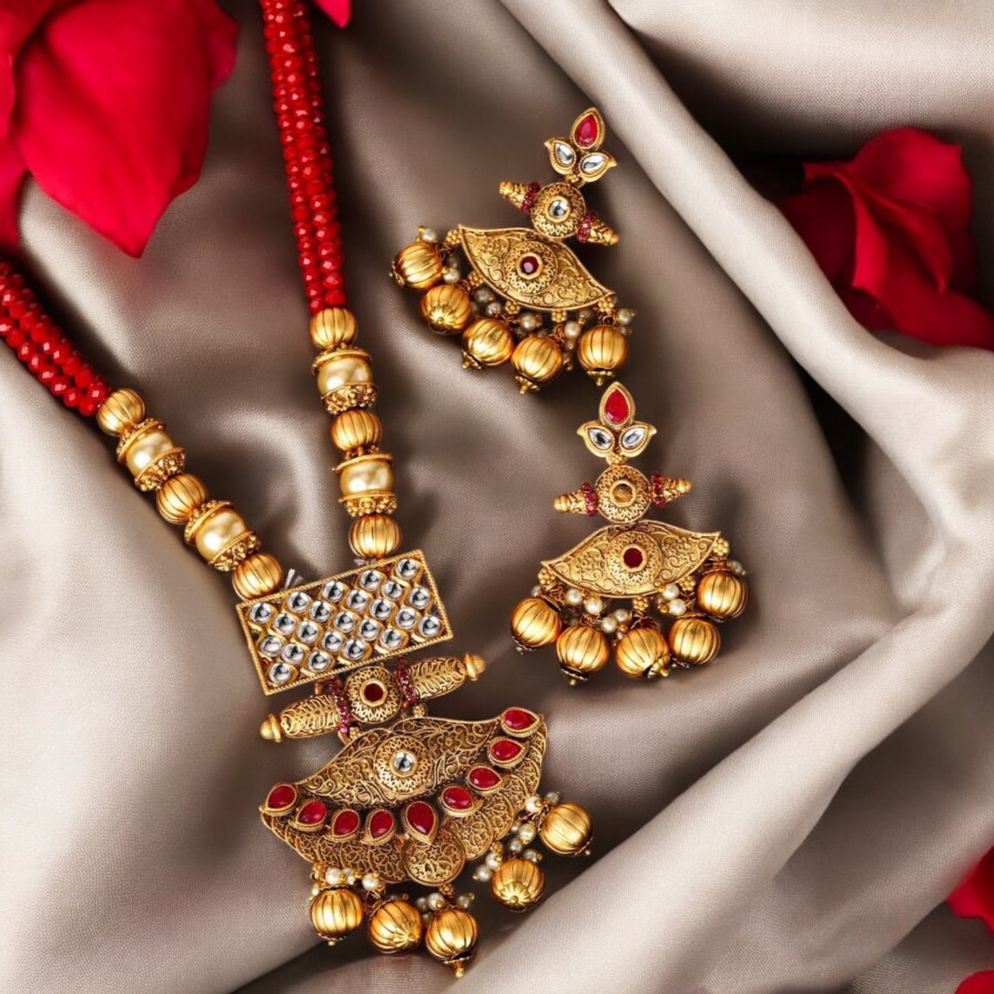 Lavish Giftz Gold Plated Antique Red Stone Studded Handcrafted Necklace Set