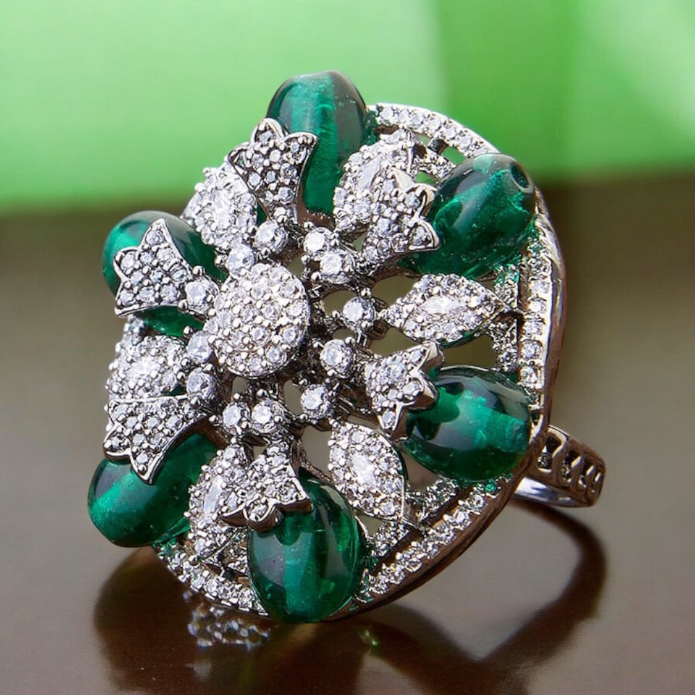 Lavish Giftz Adjustable Cubic Zirconia Green Statement Ring With Black Plating