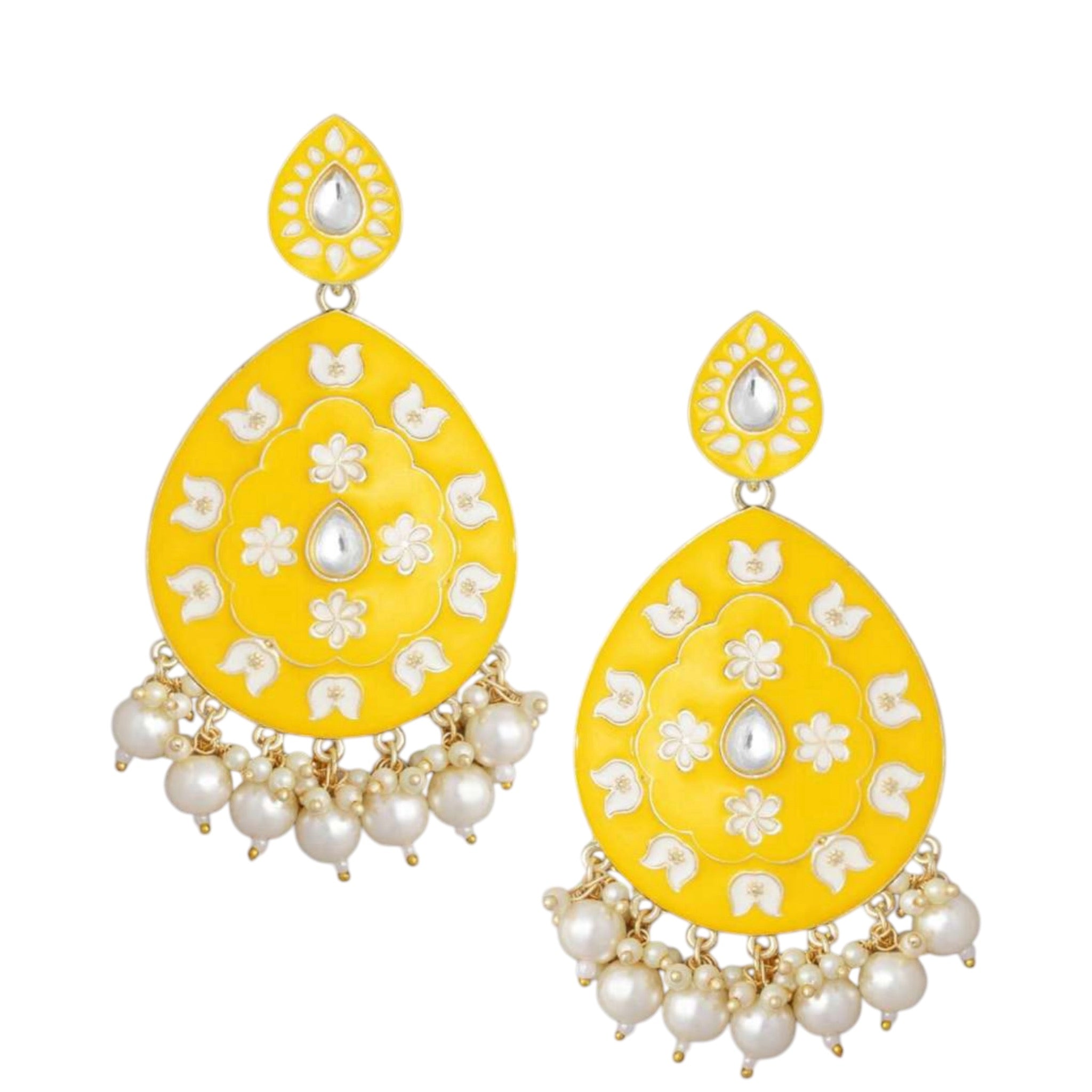 Lavish Giftz 18k Gold Plated Yellow Stone Studded and Enamelled Drop Earrings