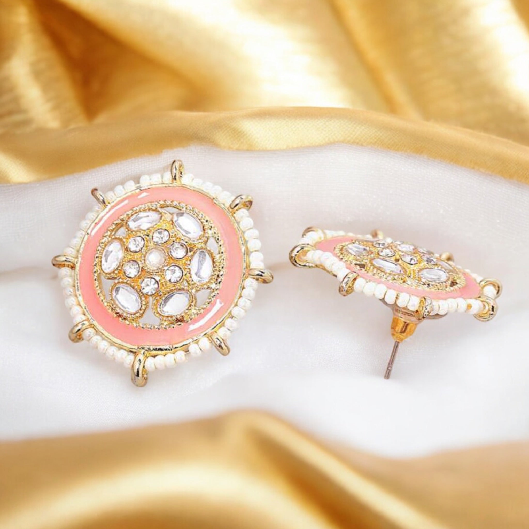 Lavish Giftz 18k Gold Off-White and Pink Enamel Circular Kundan Stud Earrings