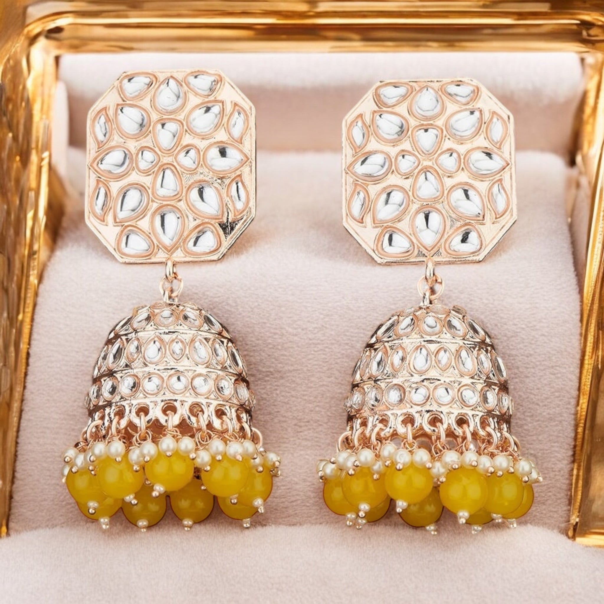 Lavish Giftz Gold Plated Indo Western Meenakari Jhumki Earrings - Yellow