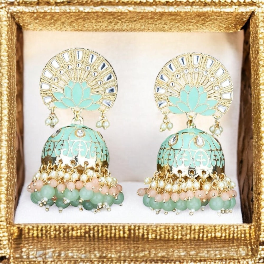 Lavish Giftz Gold Plated Enamelled Meenakari Jhumki Earrings - Mint