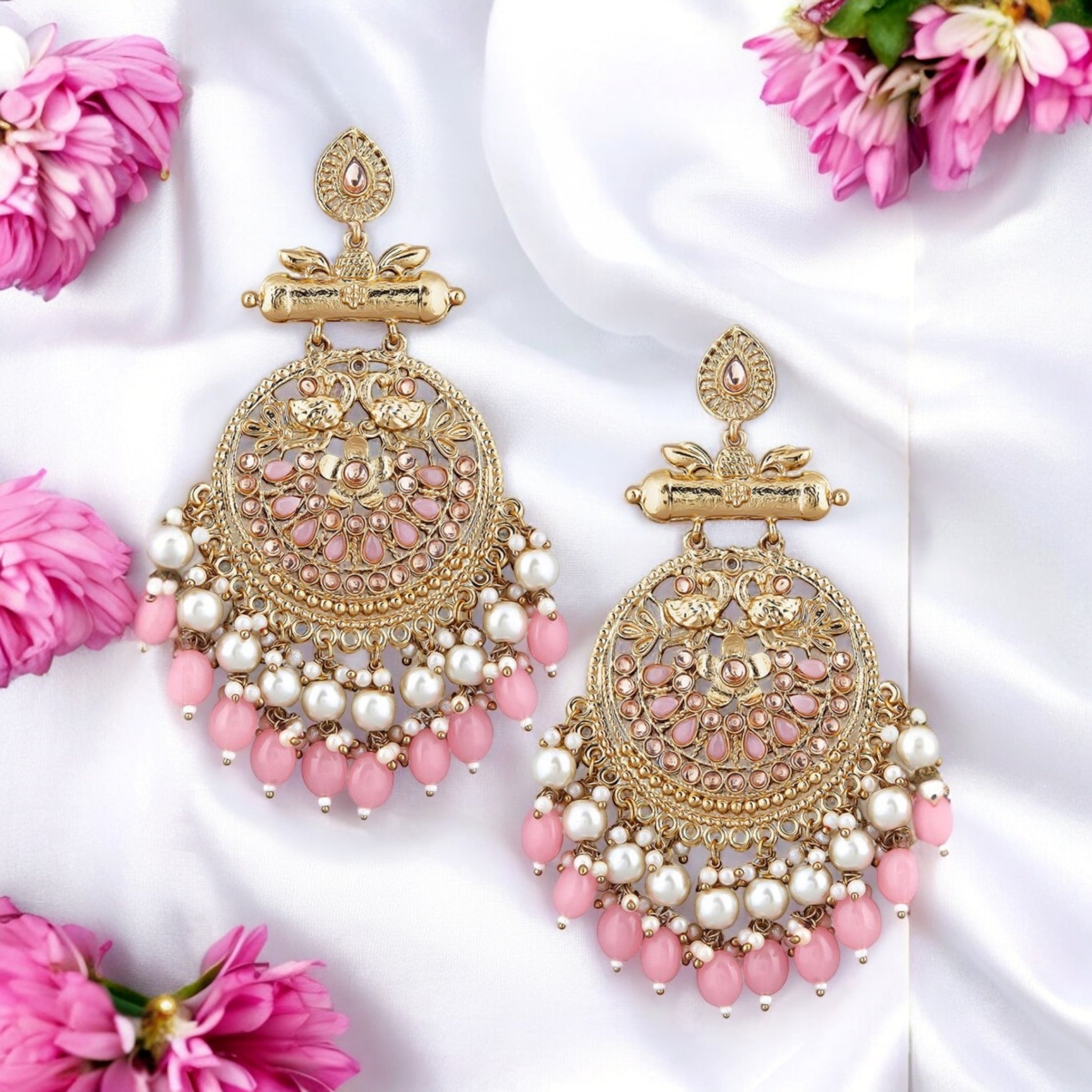 Lavish Giftz 18k Gold Plated Pink Beads Chandbali Earrings