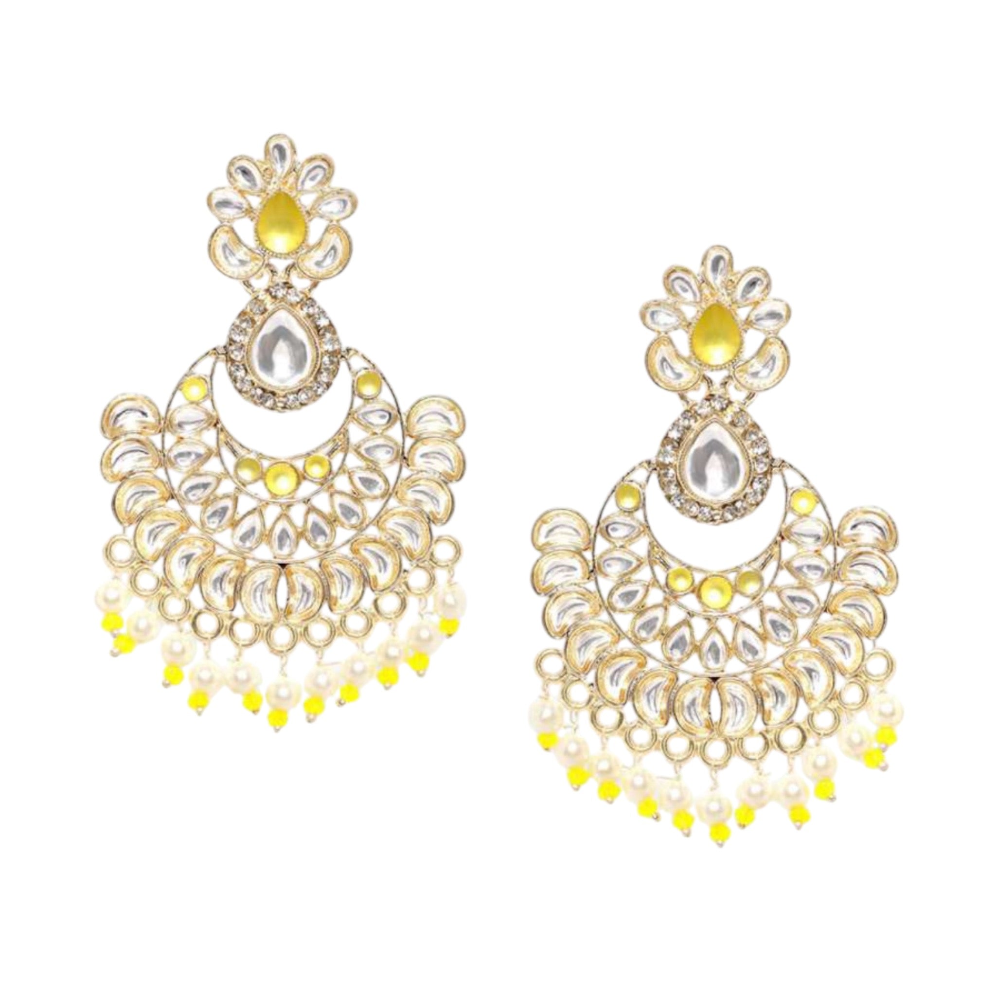 Lavish Giftz 18k Gold Plated Uellow Beads Kundan Chandbali Earrings