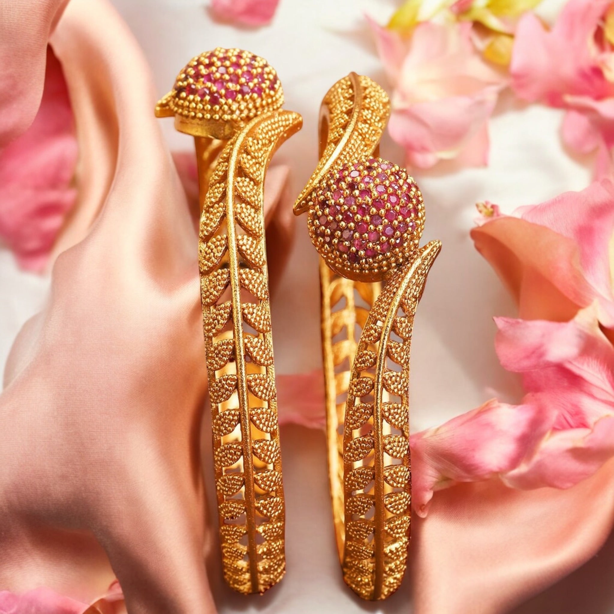 Lavish Giftz Set Of 2 18k Gold Plated Ruby Studded Bangles