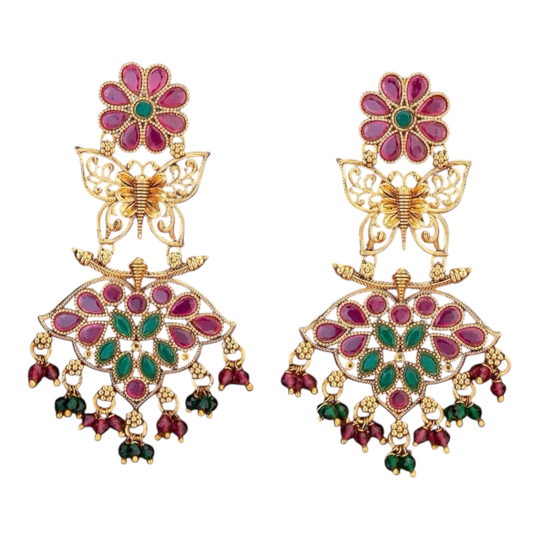 Lavish Giftz Gold Plated Antique Butterfly Design Ruby Green Long Earrings