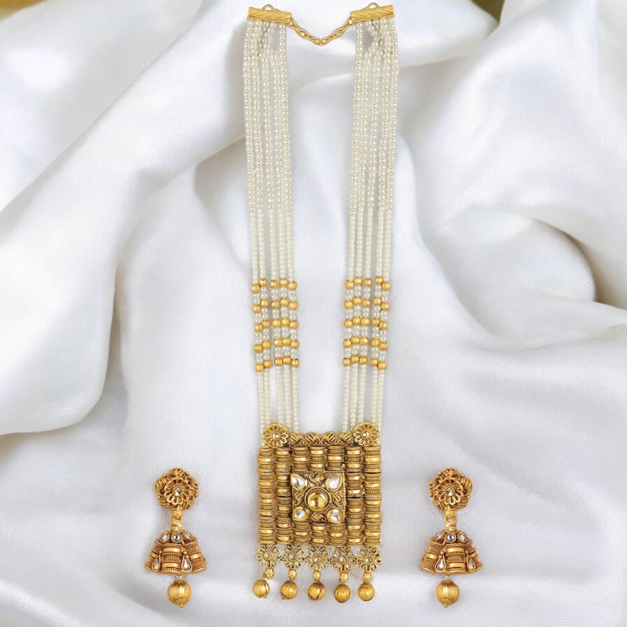 Lavish Giftz Gold Plated Multistranded Kundan Studded Pearl Beaded Handcrafted Necklace Set